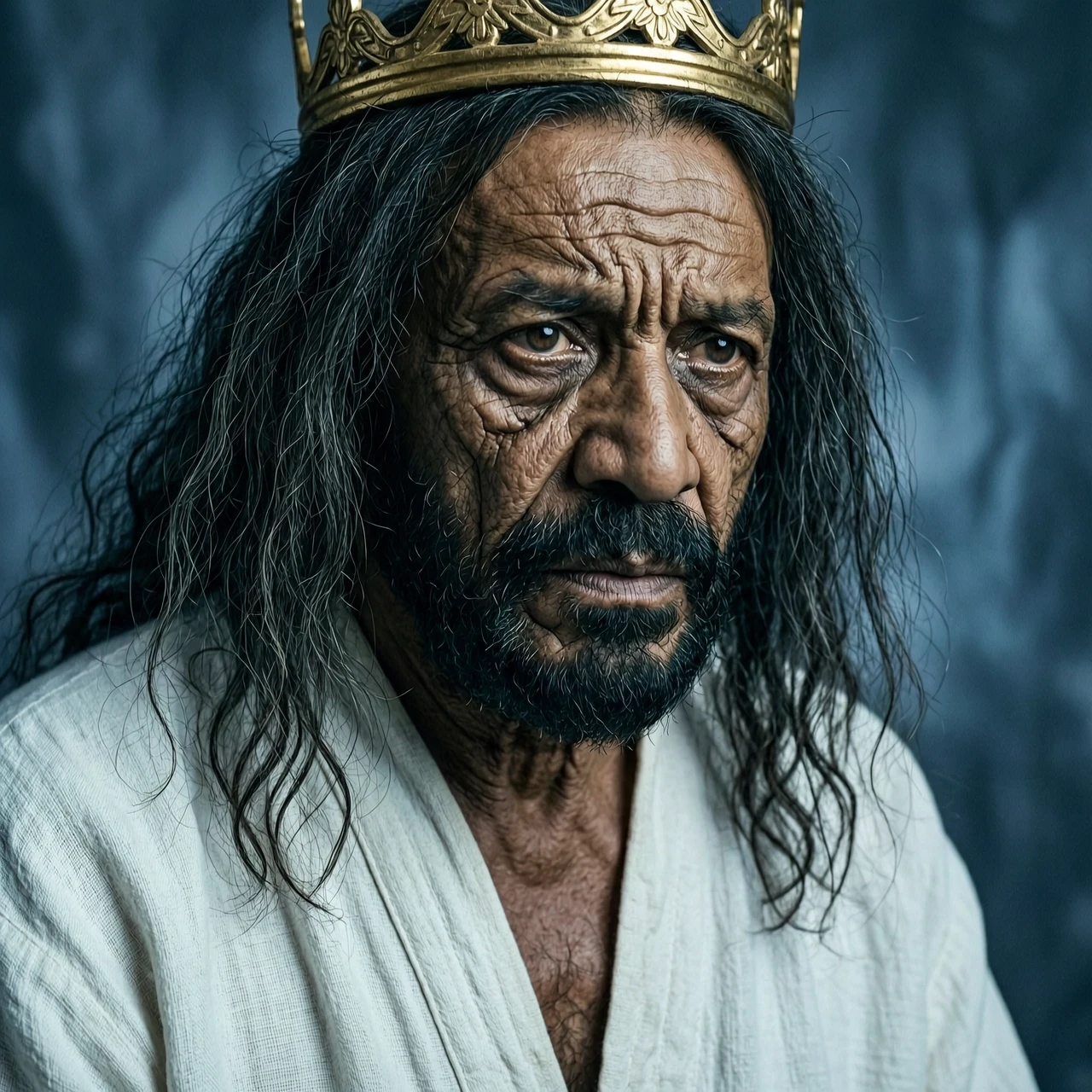 Cinematic close-up portrait of an elderly mixed-race man with tan, sun-kissed skin and sharp, chiseled facial features. His skin is deeply weathered with intricate,…