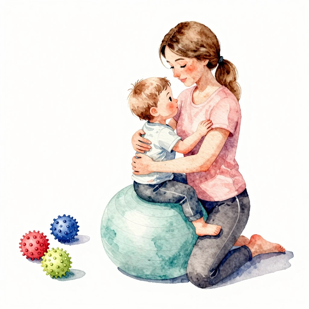 Watercolor painting: a Caucasian mom with light brown hair and a fair-haired toddler sitting on a fitball, hugging and bouncing together. Nearby are scattered colorful massage…