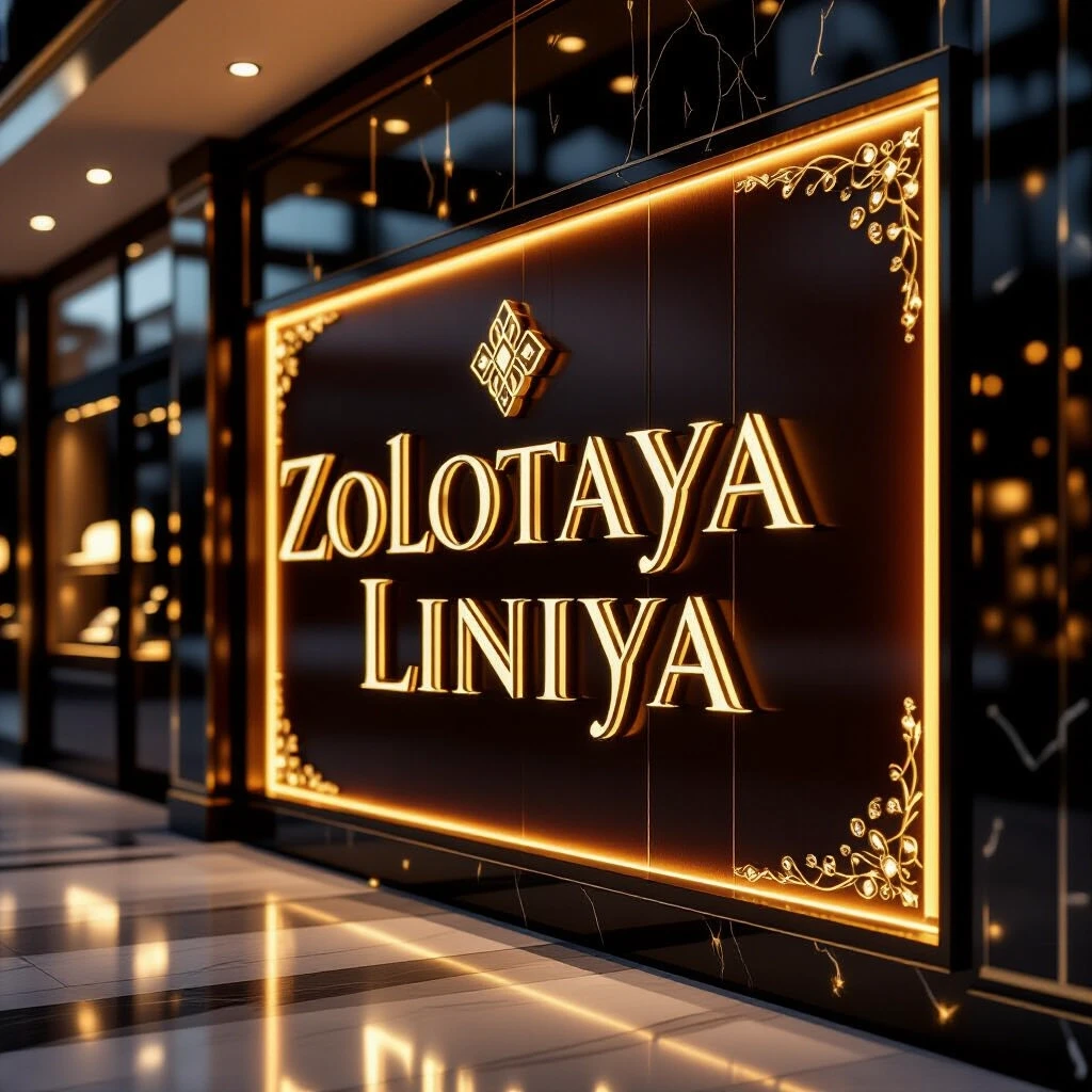 Premium store signage for jewelry retail chain "ЗОЛОТАЯ ЛИНИЯ" (Golden Line), elegant luxury style, gold and burgundy color scheme, illuminated three-dimensional…