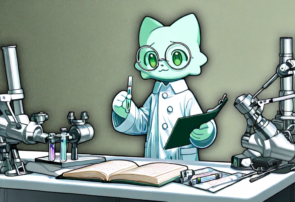 Flat vector illustration, cute green medical mascot character wearing a white doctor's coat and round glasses, standing confidently in front of a medical study desk, holding…