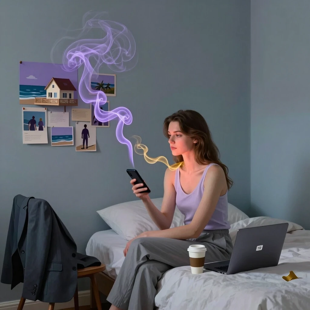 A bright but soft early morning scene in a room filled with cool gray-blue light, avoiding dark or heavy shadows. In the center, a well-groomed young woman is sitting passively…
