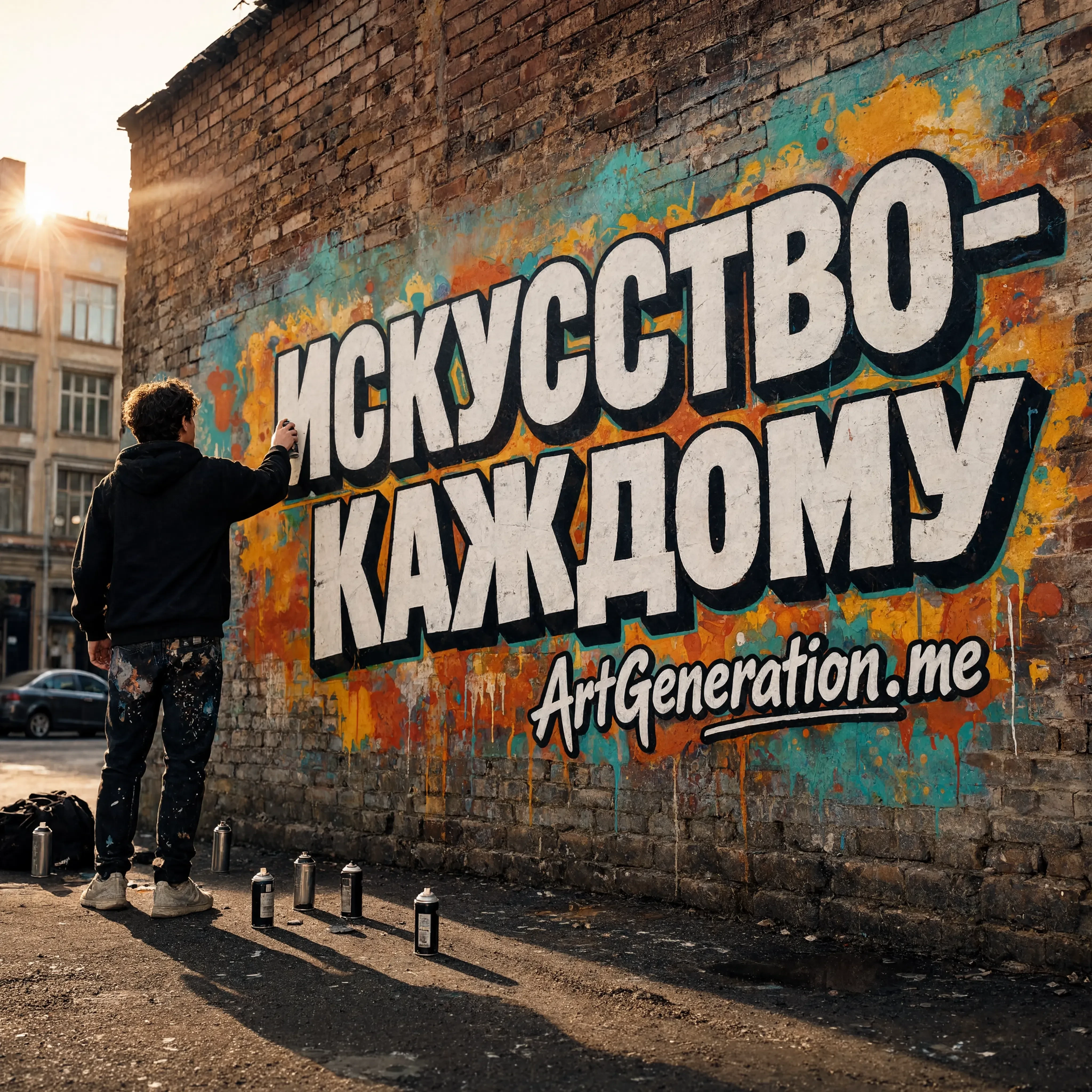 Солнечный московский двор, старая кирпичная стена с художественным граффити, нативное 4K, детализированная фактура кирпича и аэрозольной краски. Крупная объёмная надпись…
