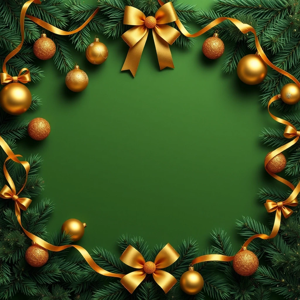 Christmas decorations wallpaper. Green natural background with golden baubles, ribbons, garlands. There should be a free space in the center. — работа пользователя Интригующая…