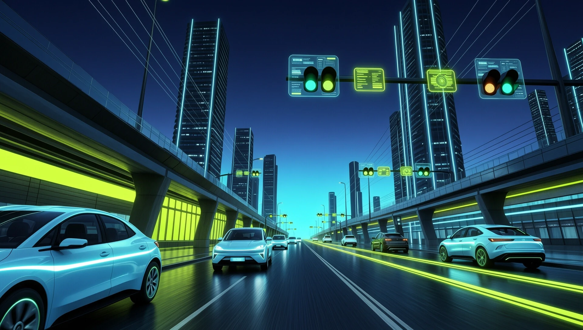 Futuristic city street at night, self-driving cars with glowing neon cyan and acid green lines, smart traffic lights with holographic data, wide 16:9 composition, dark navy blue…