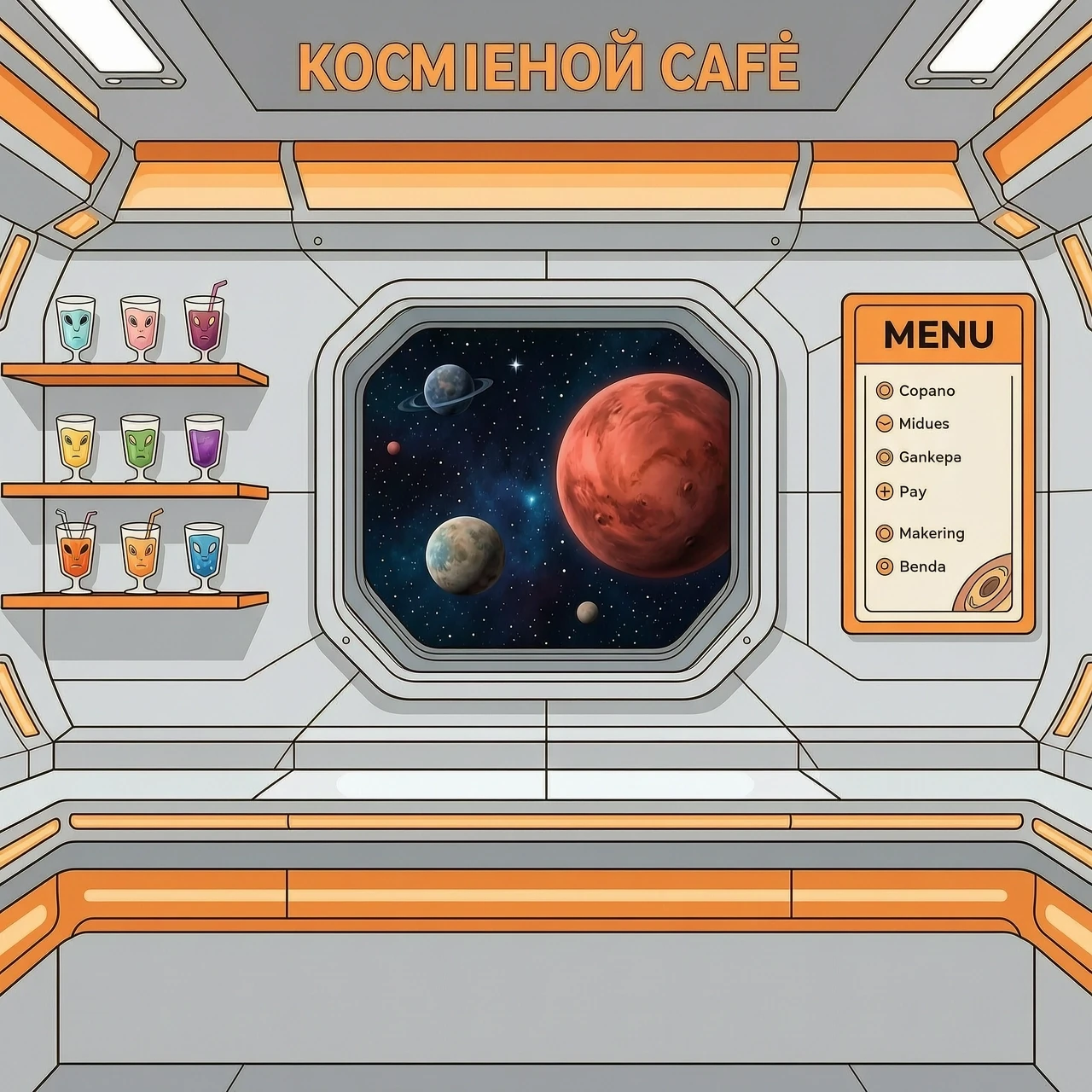 Рисуем заднюю стенку из космического кафе, фронтальный вид. Изобразить иллюминатор с видом на космос и красную планету. Слева от иллюминатора полки с инопланетными напитками.…