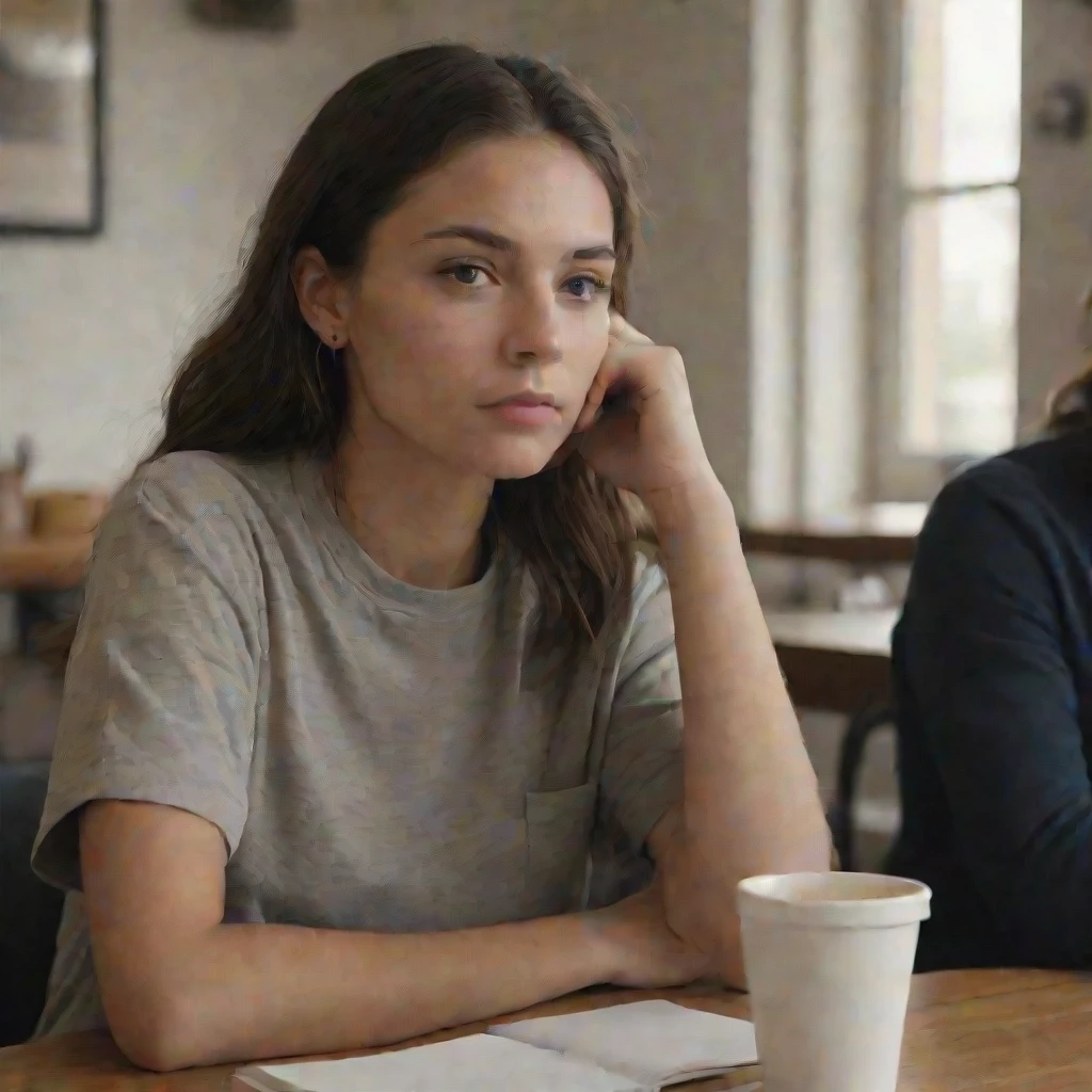 A young woman sitting across from someone at a table, listening with a slightly uncomfortable but thoughtful expression, like receiving honest tough feedback she didn't…
