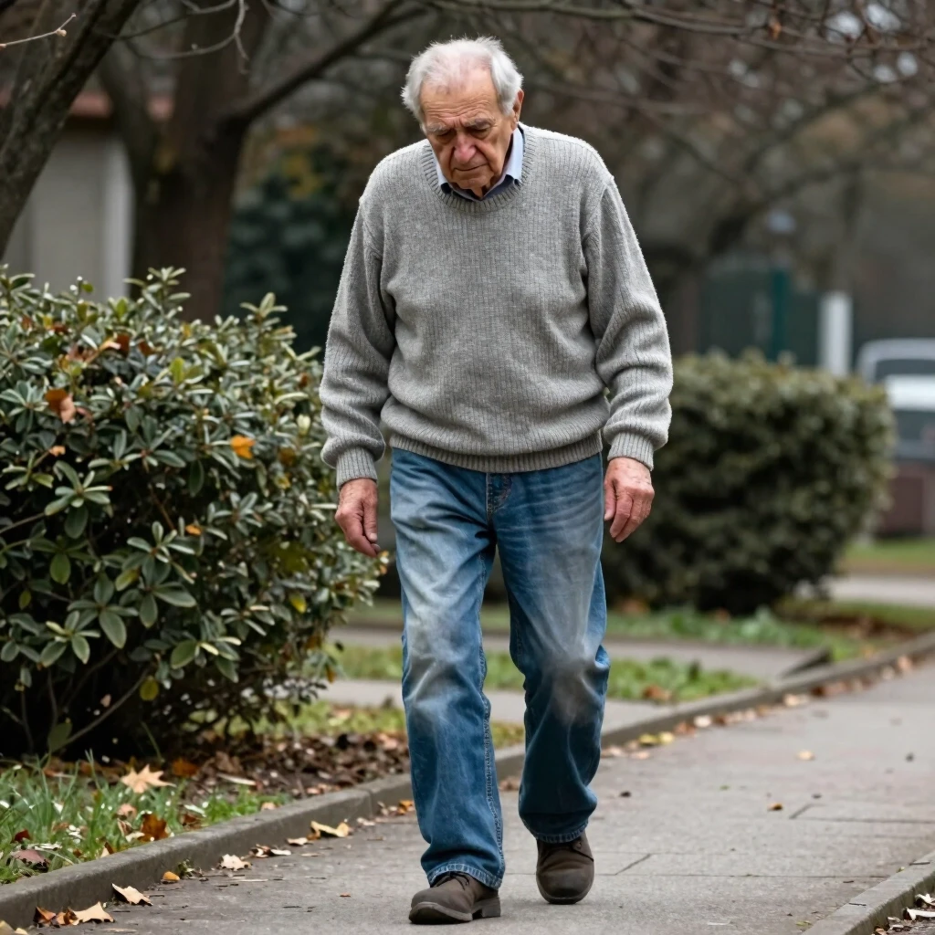 A realistic depiction of an elderly European man with Parkinson's disease is needed. The typical walking position for such patients is: the corpus and head are slightly…