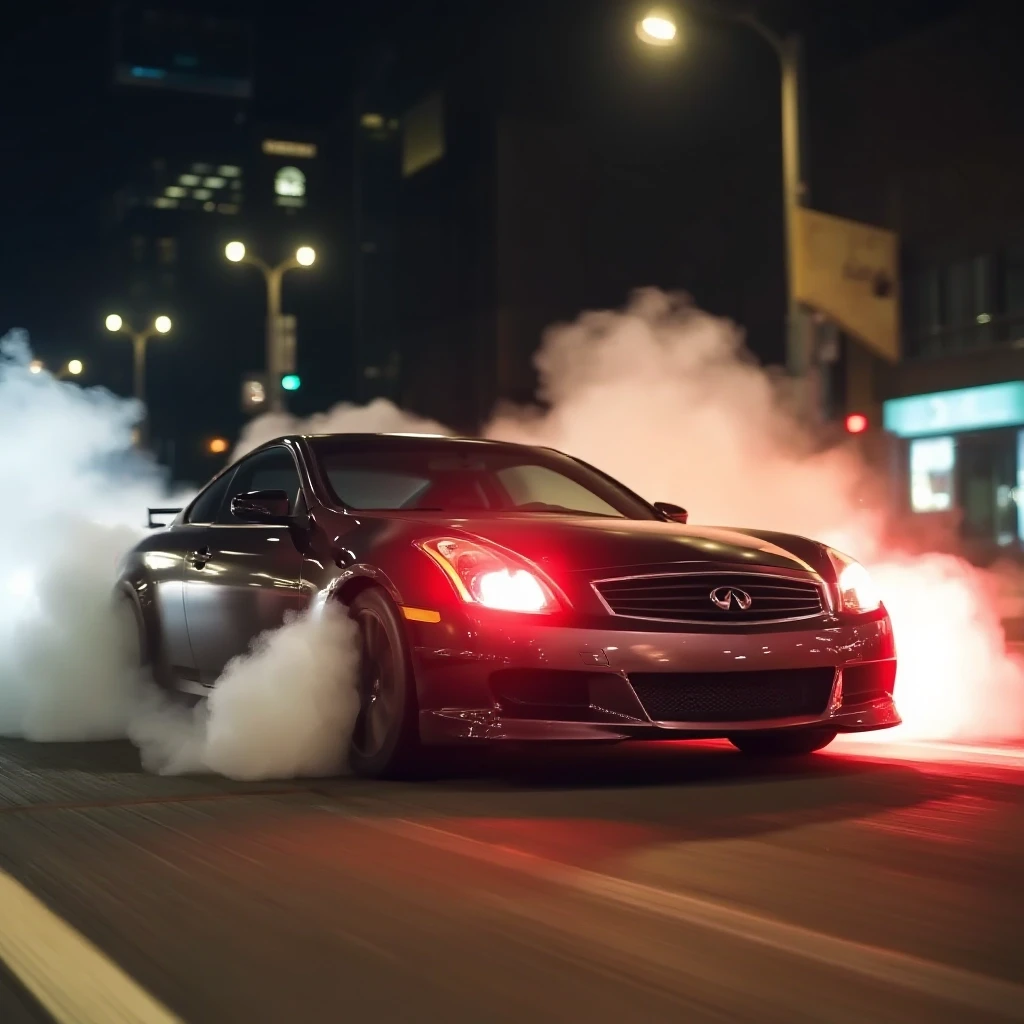 Infinity g35 делает бернаут на главной улице в ночном городе, тормоза раскалились, из колес идет дым — работа пользователя Быстрая Симметрия