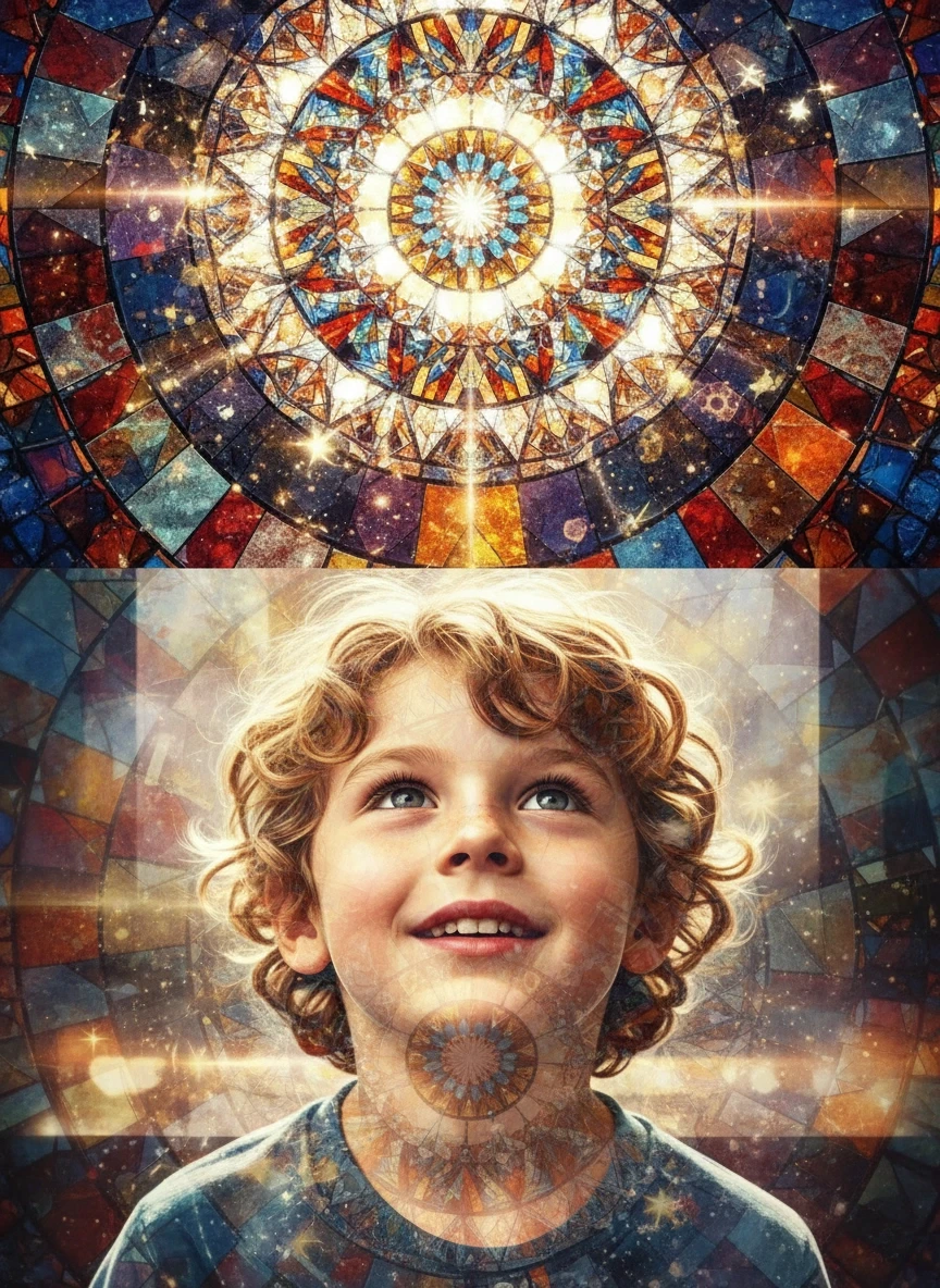 Dichotomy. The image is divided horizontally into two equal parts. In the upper part, there is an abstract, vibrant kaleidoscopic pattern made of fragments of stained glass,…