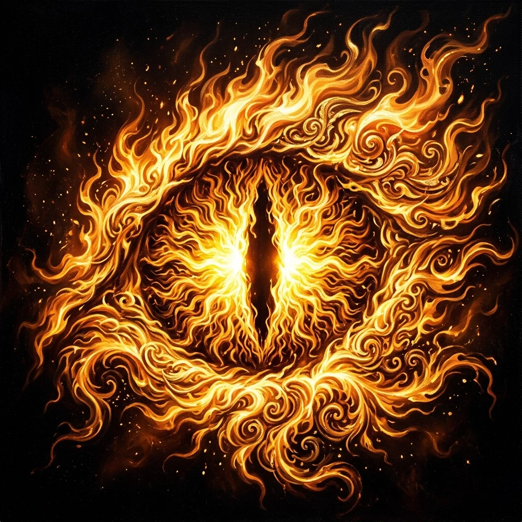 The Fiery Eye The picture shows flames in the shape of a dragon's pupil dancing on a black background. They resemble an explosion of energy, glowing in bright yellow and…