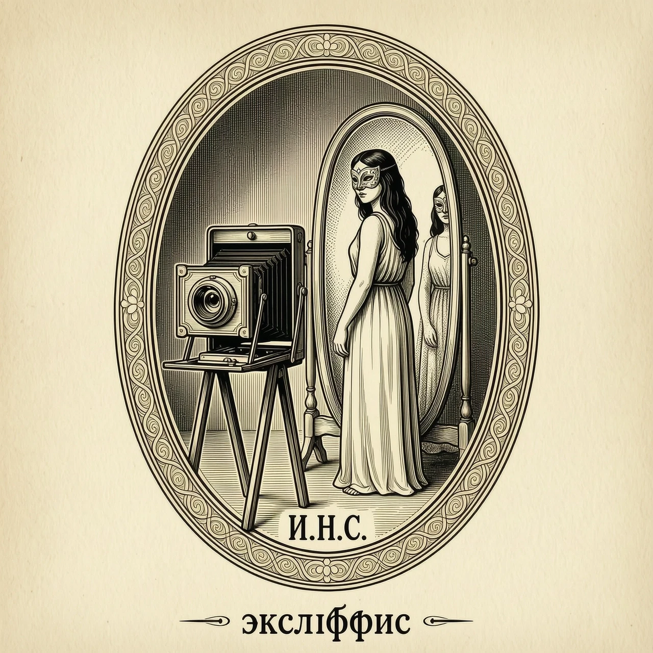 Intricate vintage engraving style, fine line art, woodcut aesthetic. In the foreground, a detailed antique bellows camera on a tripod is positioned, aiming towards a semi-nude…