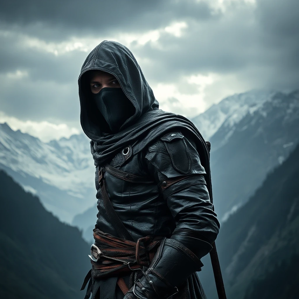 Средневековый воин-ассасин в стиле Assassin’s Creed, стоит на фоне величественных гор. На нём тёмный кожаный костюм ассасина с капюшоном, лицо частично скрыто тёмной маской,…