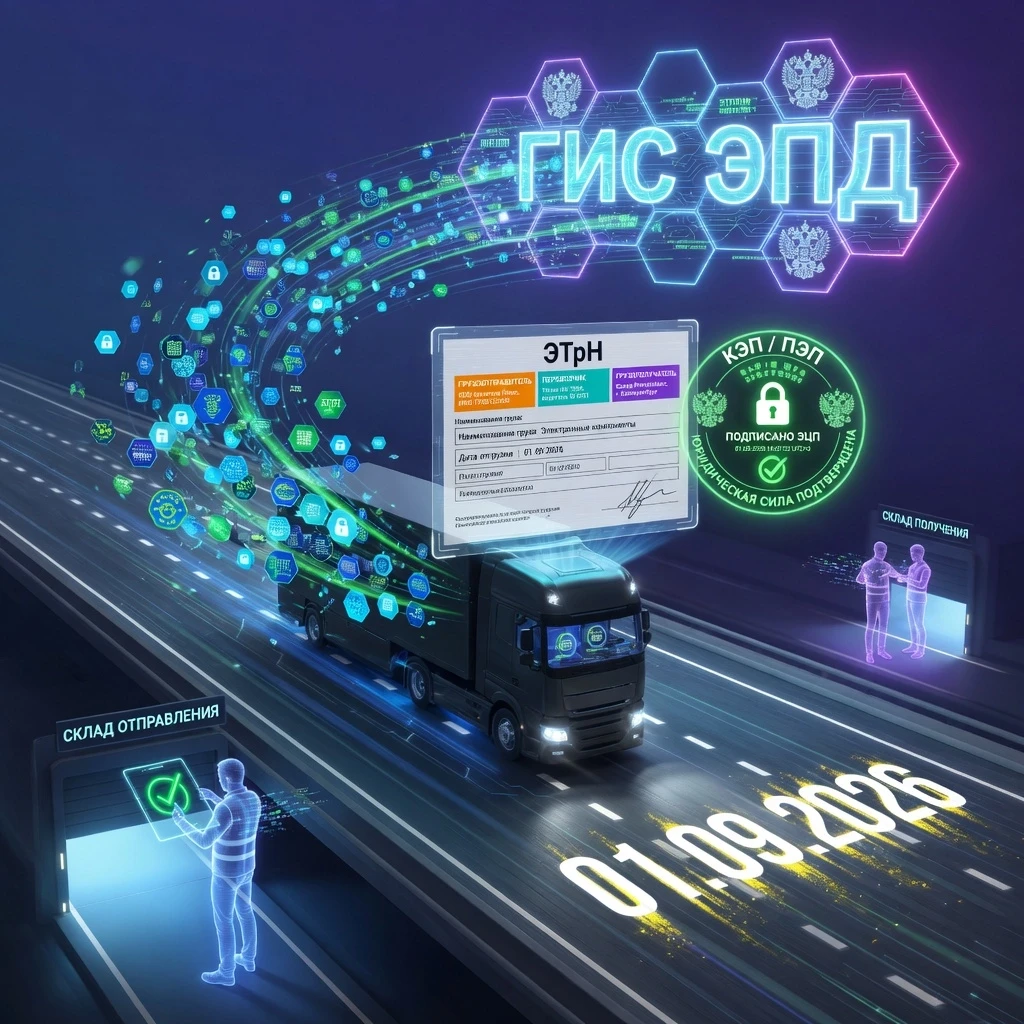 Style: Futuristic high-tech digital illustration, cinematic lighting, detailed, technological atmosphere. Main scene: In the center of the image is a modern cargo truck moving…