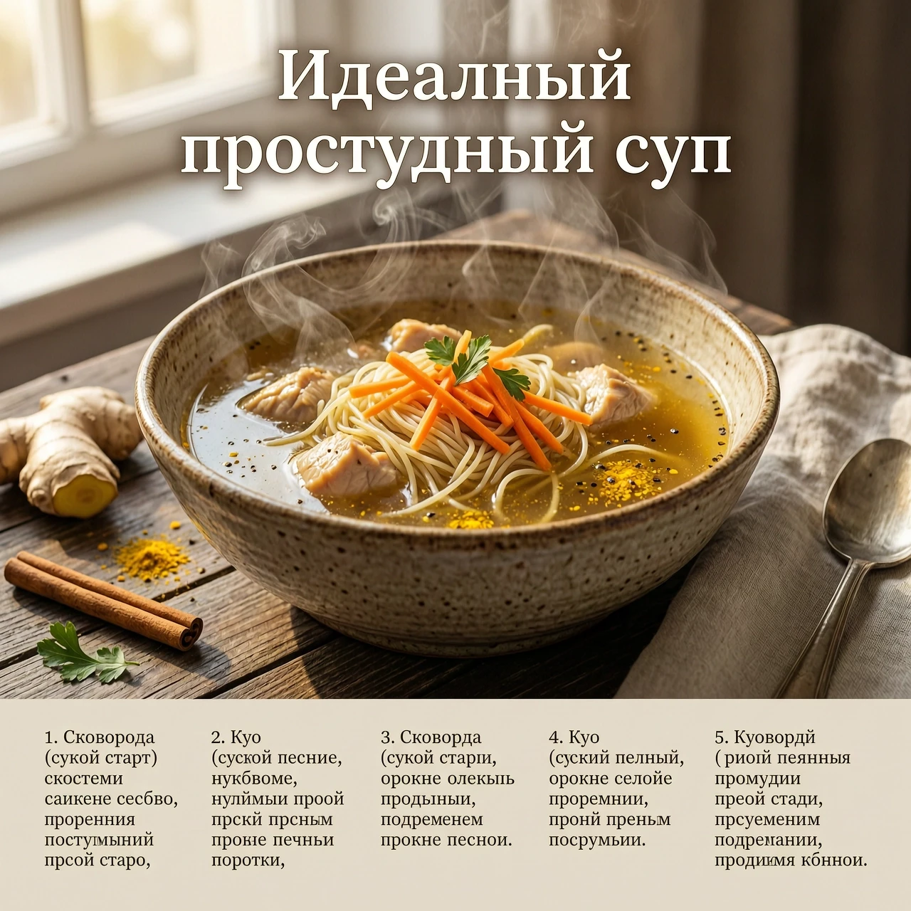 A high-quality, cozy culinary infographic poster titled "Идеальный простудный суп" in elegant, readable Russian typography. The composition is a sophisticated vertical…