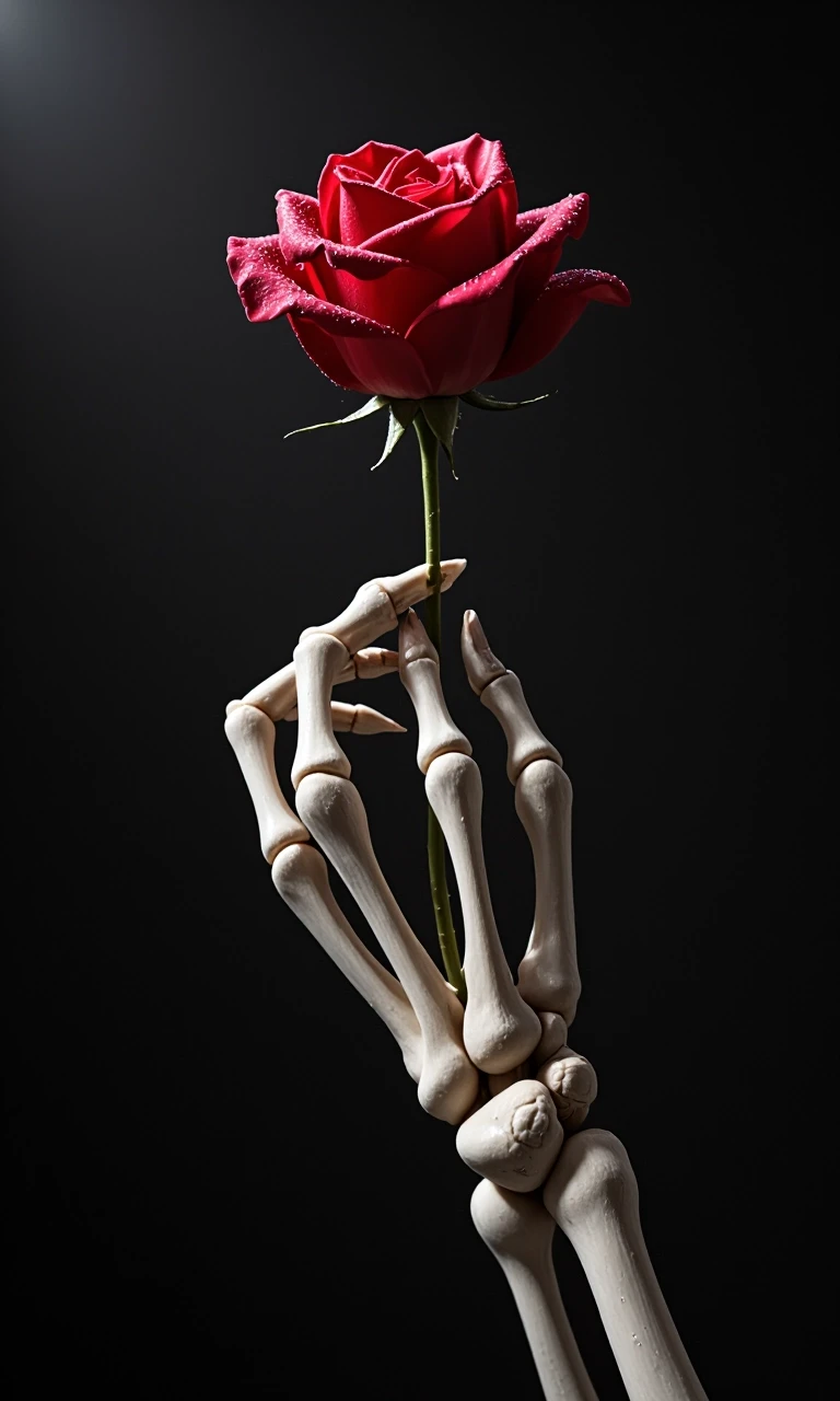 Masterpiece. best quality. Epic. cinematic. Award winning. Ultra detailed. dramatic. attention-grabbing. challenge winning. A skeletal hand delicately holds a single, perfect…