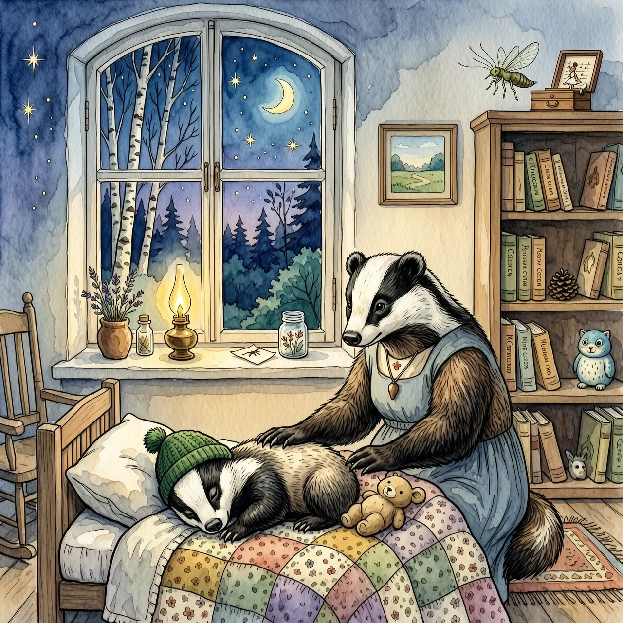 Children's book illustration, multi-layer watercolor technique on eggshell textured paper. In the foreground, in a cozy bed covered with a patchwork quilt, a little badger…
