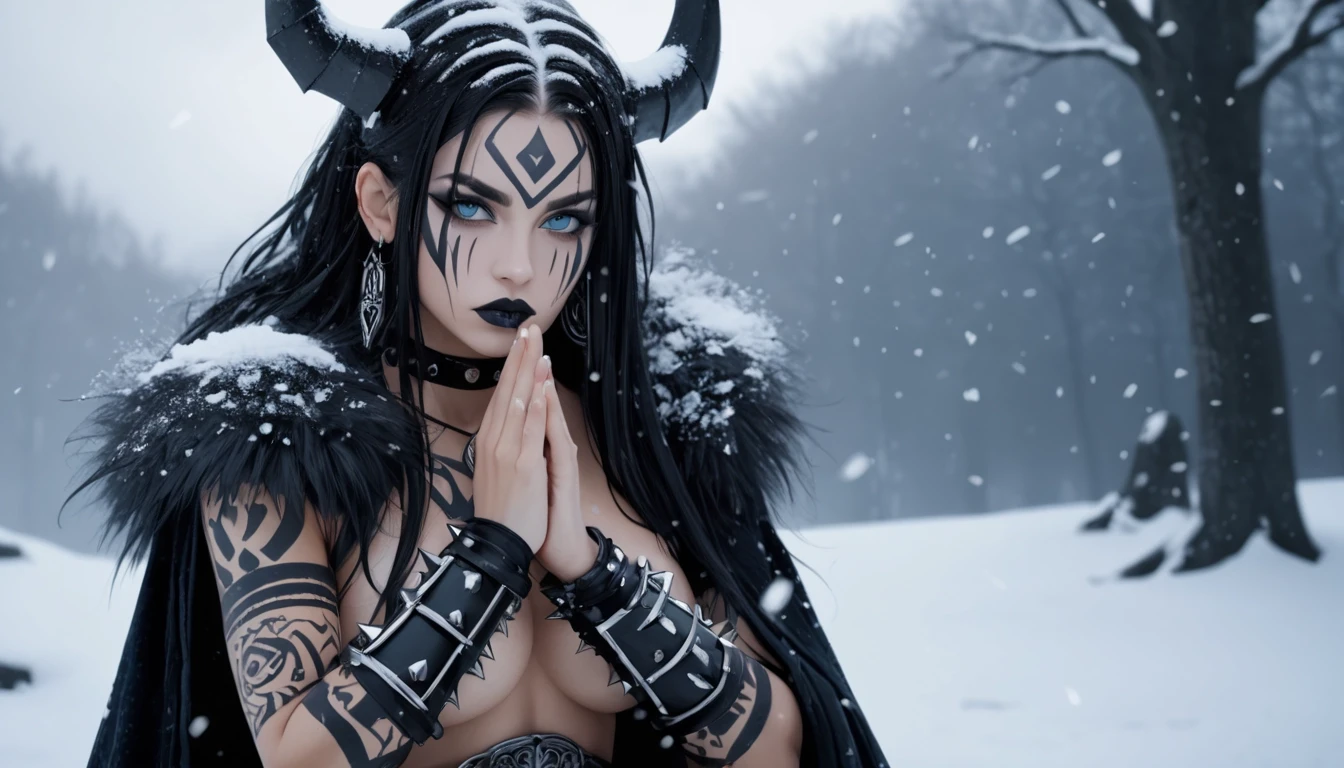 NSFW 18+. dark fantasy warrior queen, sitting on a wooden throne in a snowy environment, intense piercing gaze, seductive yet dangerous expression, pale skin with black tribal…