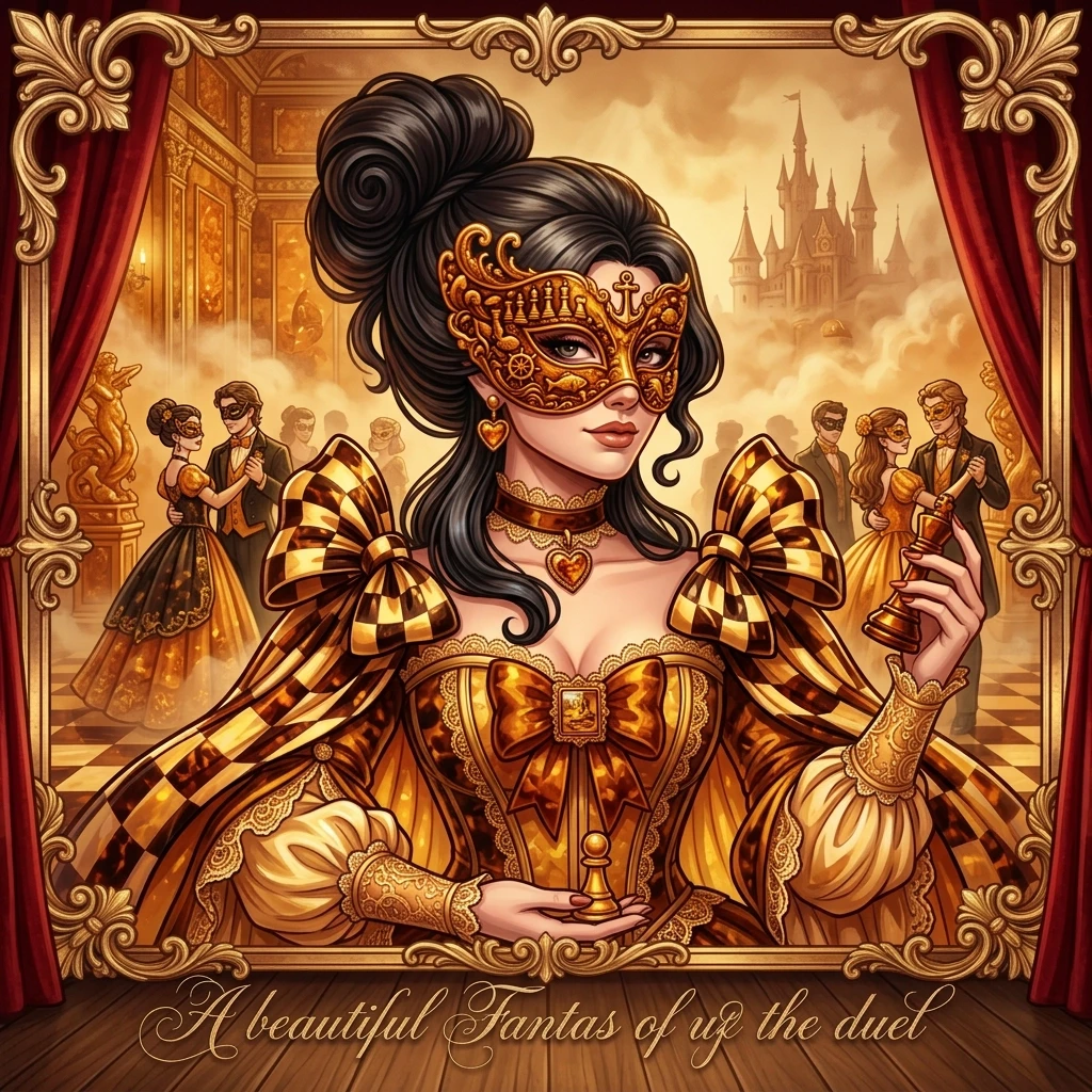 Background: a chessboard. Masquerade ball in the Amber Room. Ladies and men in masks. Young couples. The foreground. ((Chess queen in amber style) She is dressed in a fancy…