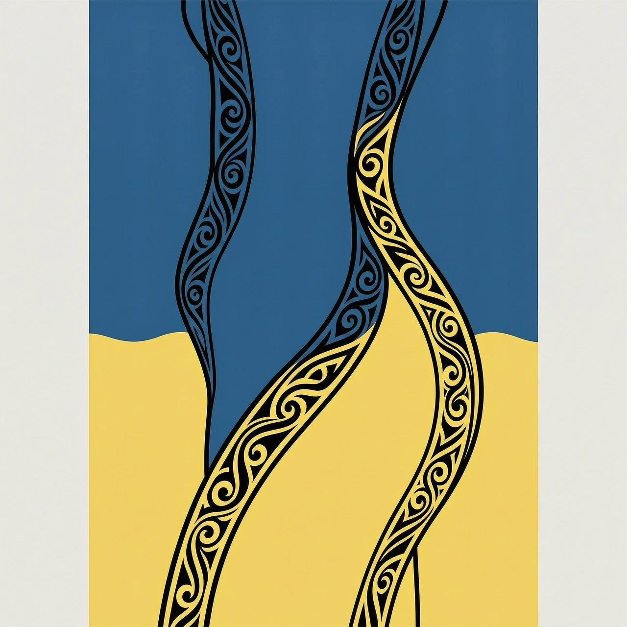 A vertical surrealist art piece. A perfect clear silhouette of a woman's hip and waist is formed by the coastline. The top part is a deep blue sea, the bottom part is clean…
