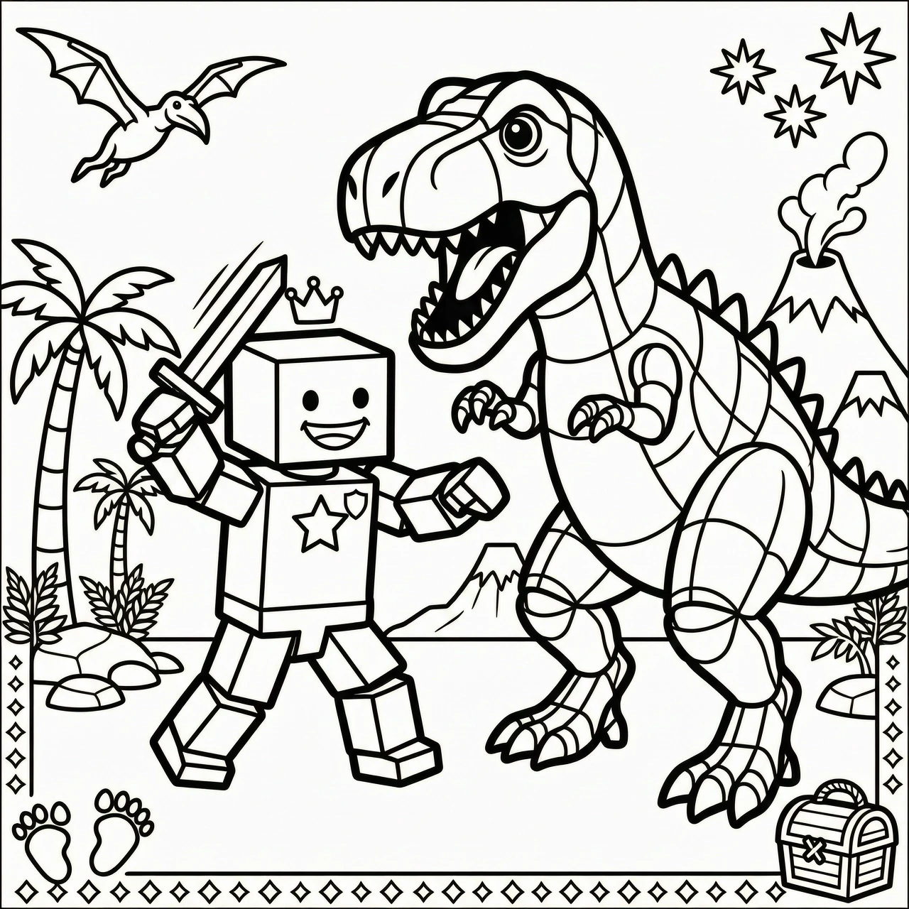 Line art coloring page for kids, black and white, clean bold outlines, high contrast, no shading, white background. A realistic Roblox-style Noob character with iconic blocky…