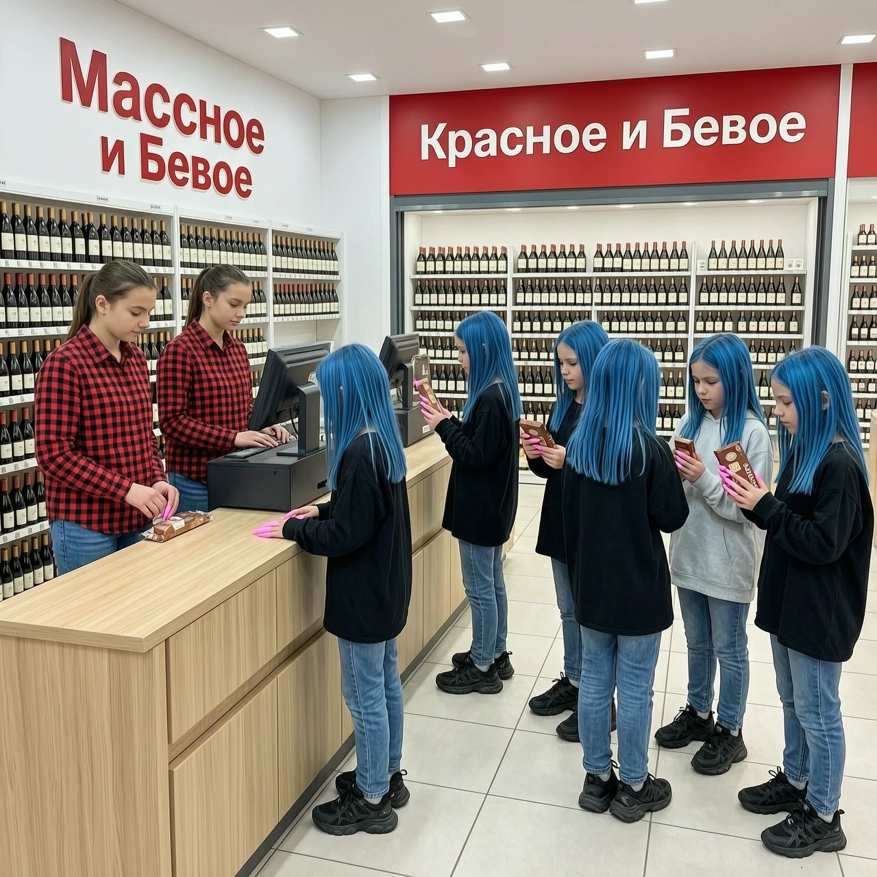 Магазин Красное и Белое. Две кассы. За кассой стоят кассиры. В рубашке в винно-черную клетку. На ногах джинсы. Обувь чёрная. Покупки совершают десять девочек возраст которых 12…