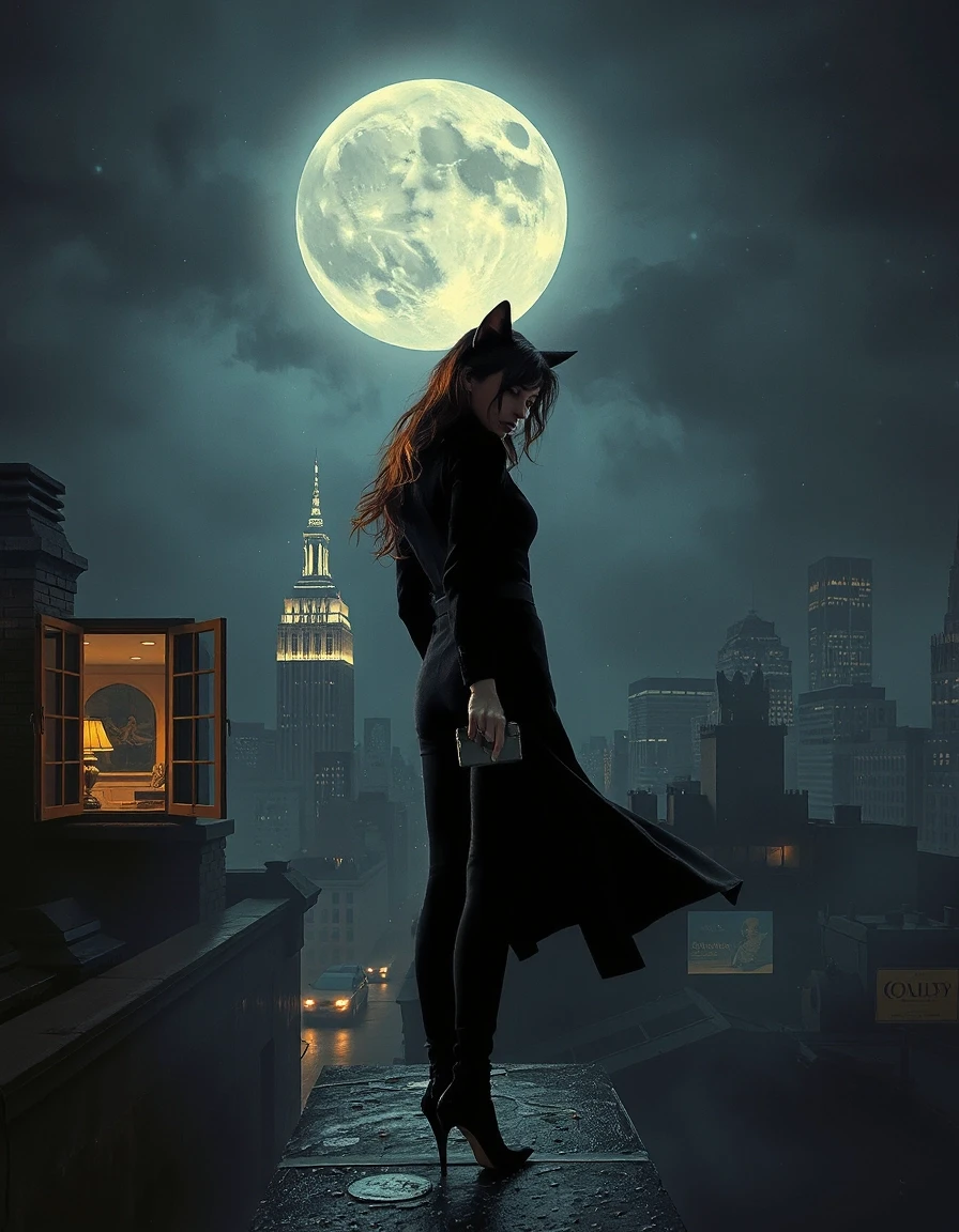 Selina Kyle is leaving the scene of a midnight heist. She stands on the rooftop of an old building, holding a small case containing a stolen diamond necklace. Behind her, an…