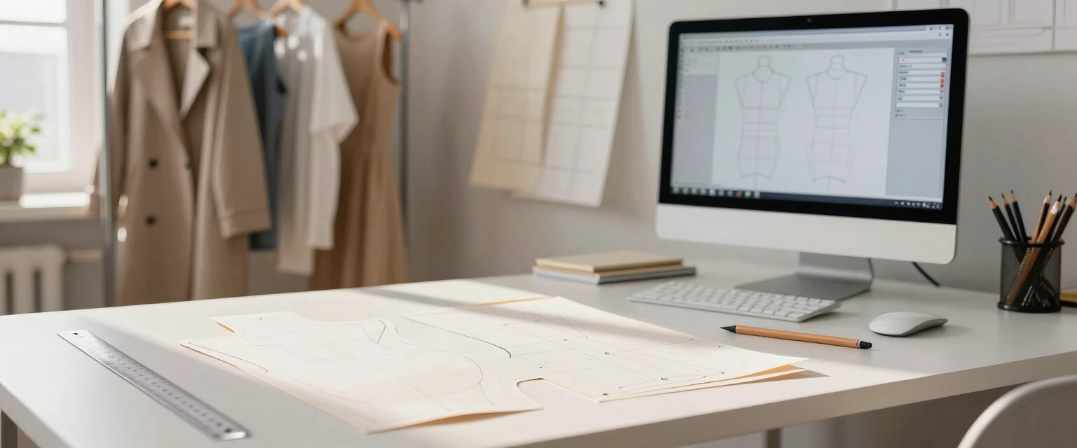 Fashion design bureau for pattern making, front view. Foreground: a clean white desk with neatly arranged paper patterns, garment darts, technical sewing schemes, graphite…