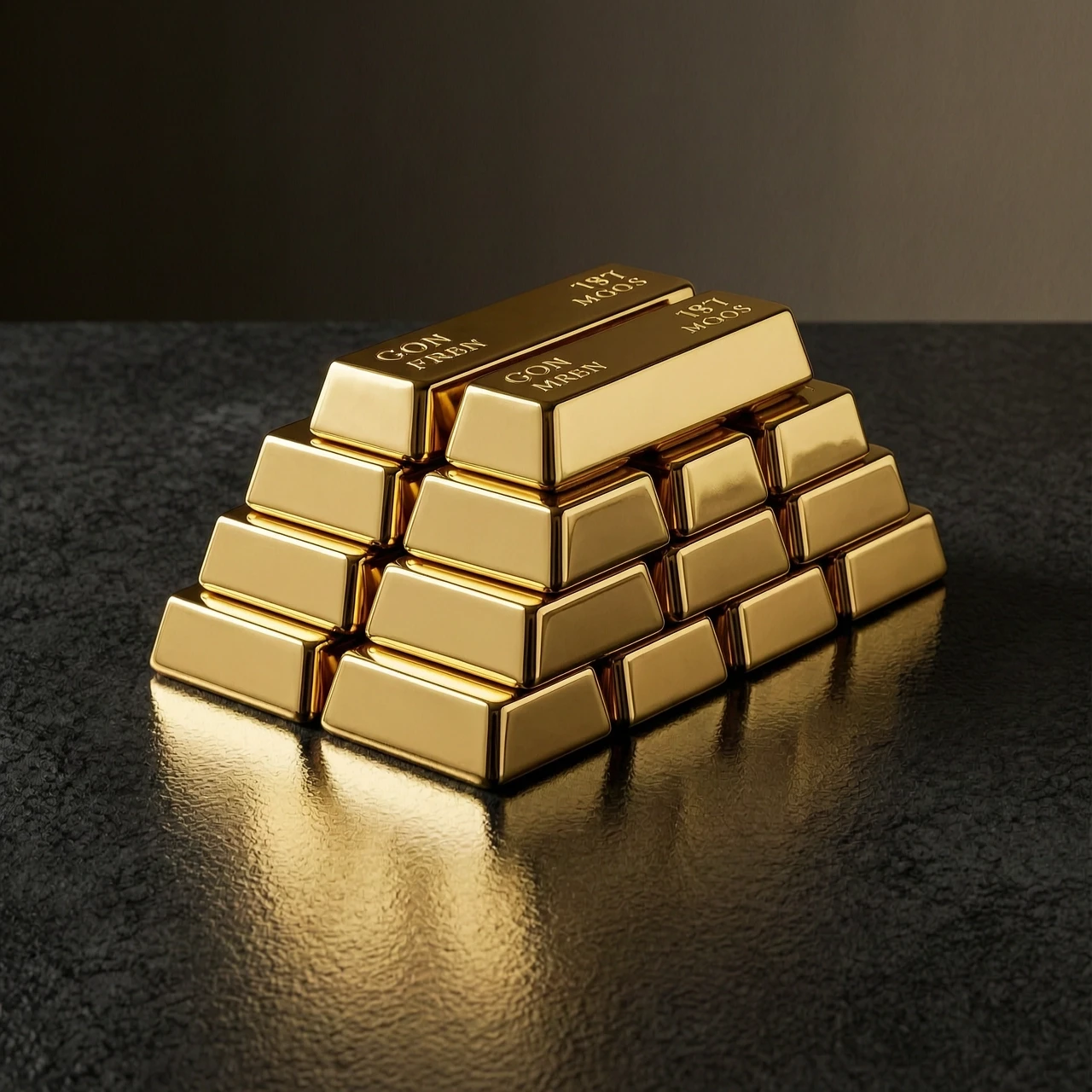 Photorealistic vertical 9:16 image of stacked gold bars on a dark surface, dramatic lighting, reflections, no text, no people. — работа пользователя Прозрачный Заряд