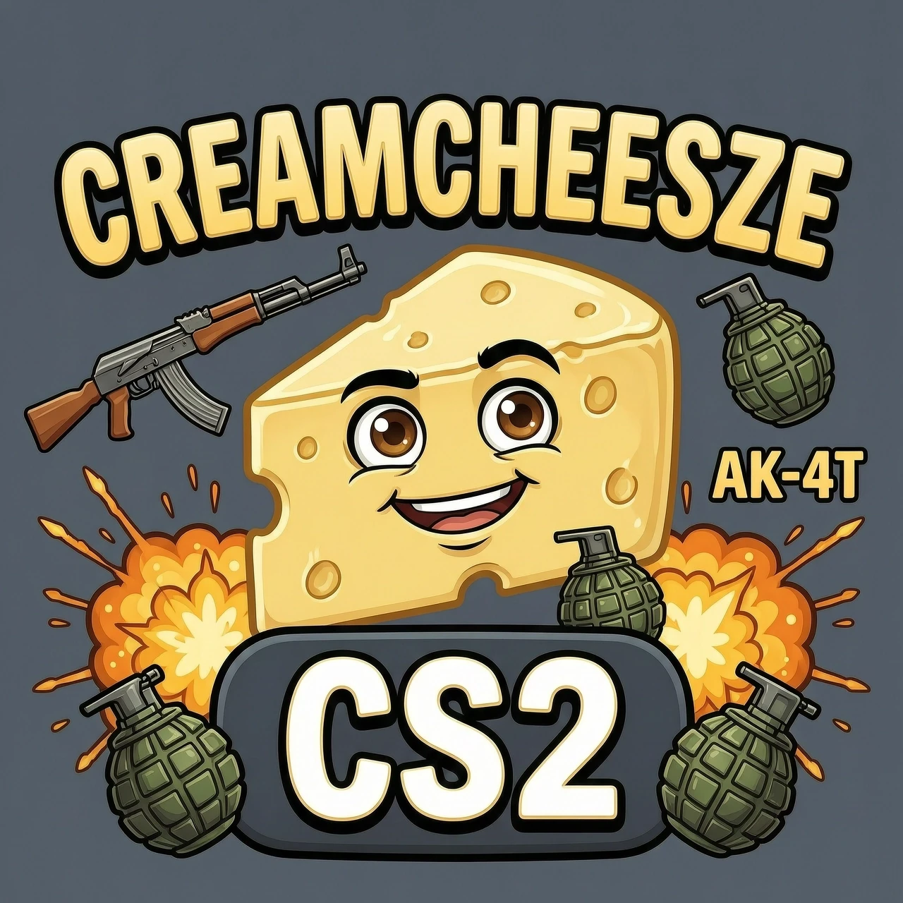 Создай мне аватарку для steam, на которой будет надпись creamcheesze, сам сливочный сыр с лицом, надпись CS2, AK-47 и взрывные гранаты — работа пользователя Искристый Эксимер