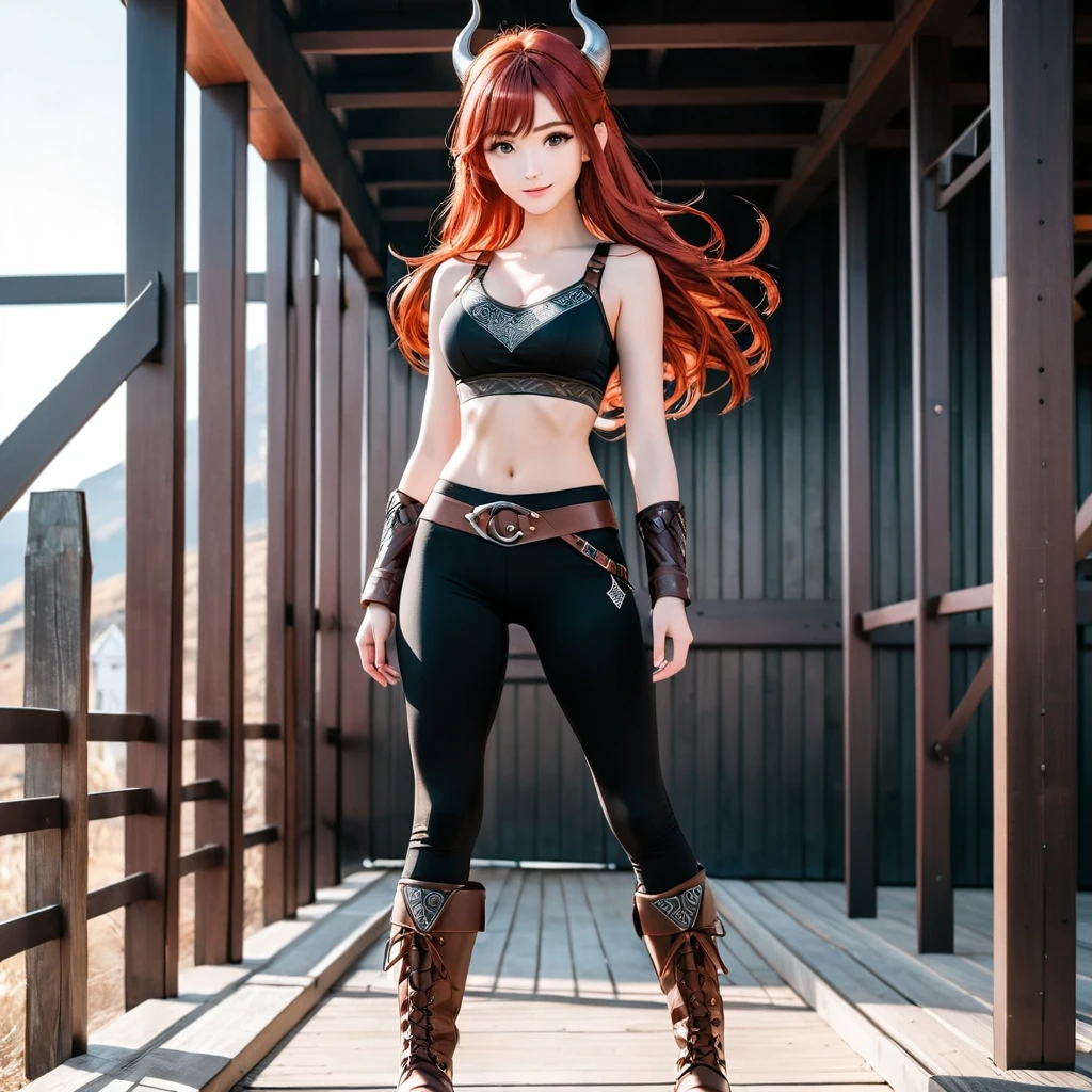 red-haired girl in black leggings and brown boots wearing a Viking bra — работа пользователя Секретный Кентавр