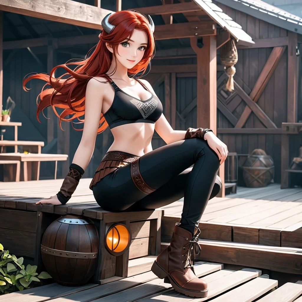 red-haired girl in black leggings and brown boots wearing a Viking bra — работа пользователя Секретный Кентавр