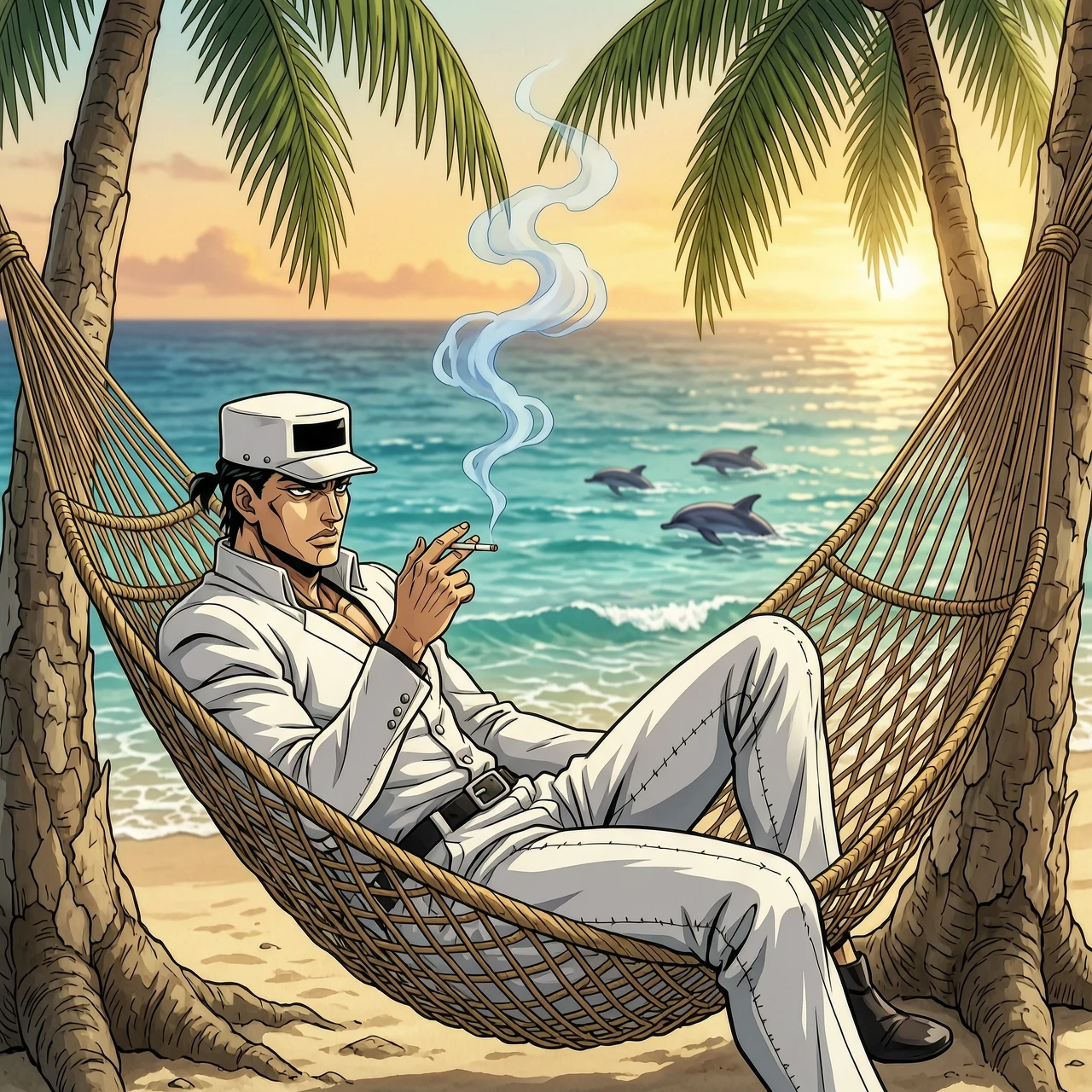 anime masterpiece, high-end modern feature film style, blending the avant-garde, high-fashion character design of Hirohiko Araki with the polished aesthetic of a Ufotable…