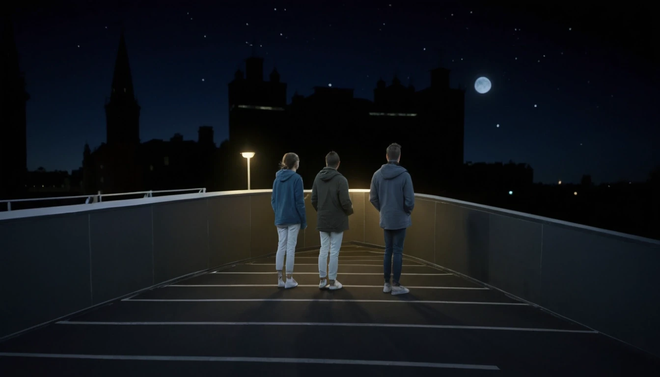 People stand on a bridge in Zaryadye, looking at the stars, 3d render, 4k, behind them is the evening city, silhouettes of houses, — работа пользователя Блестящая Конвекция
