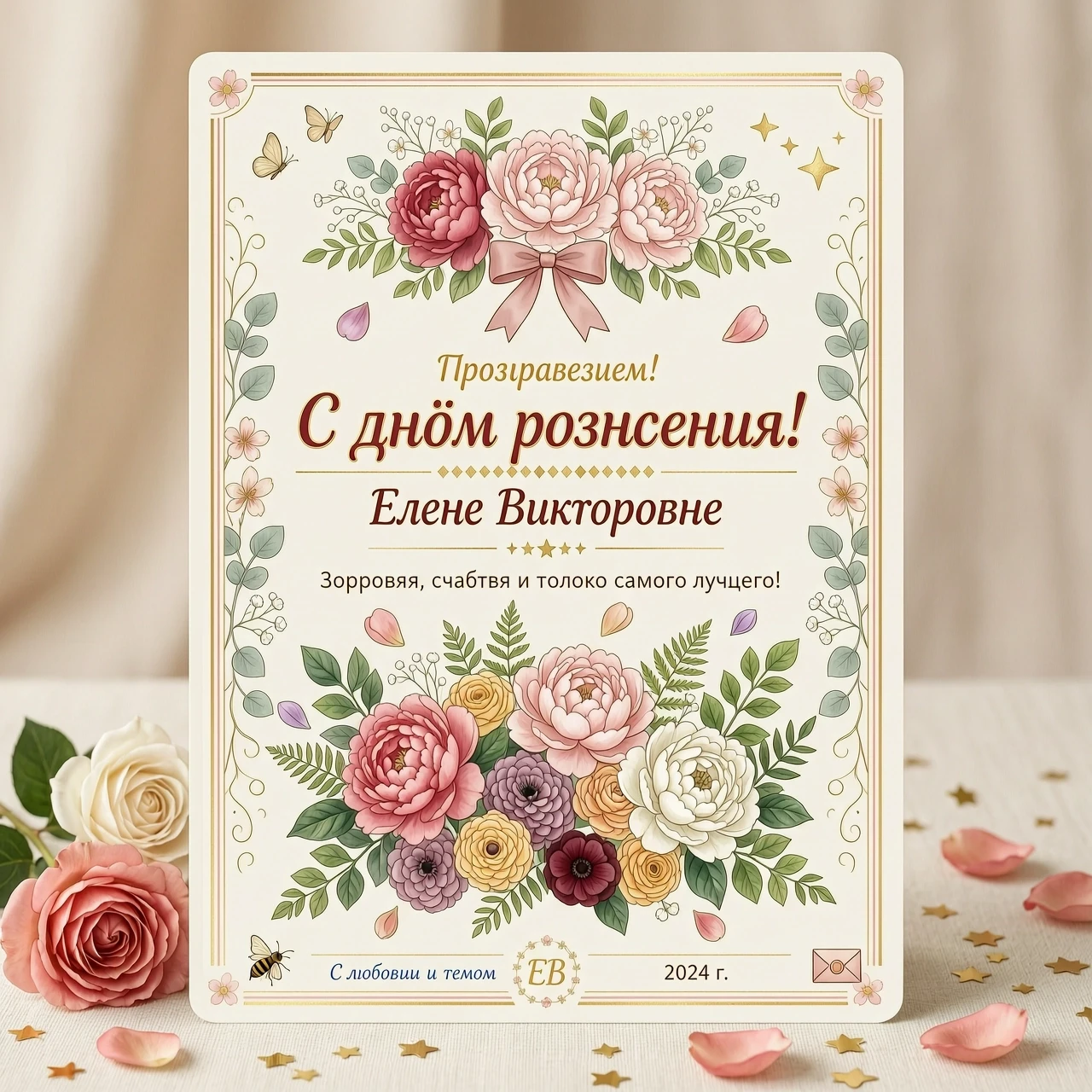 создать открытку поздравление Елене Викторовне с днём рождения, пожелания здоровья, цветы — работа пользователя Волшебный Космос