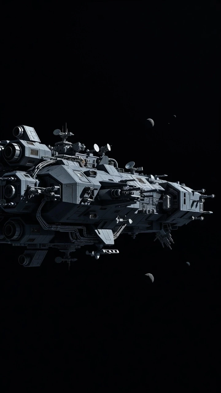 Wide shot of a modular sci-fi spacecraft, angular industrial design characteristic of the Dark Orbit game aesthetic. Dark grey and graphite metallic hull with complex exposed…