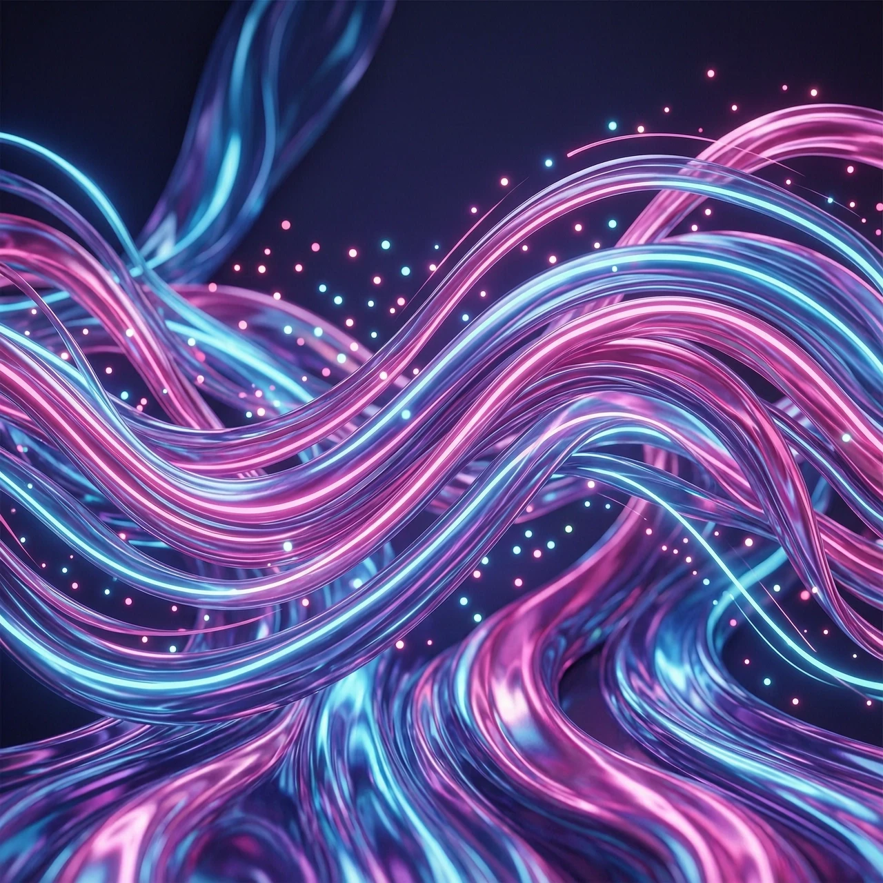 Abstract 3D background for a rhythm game application, dynamic fluid motion, intricate intertwining of vibrant neon silk ribbons and liquid chromatic waves, flowing iridescent…