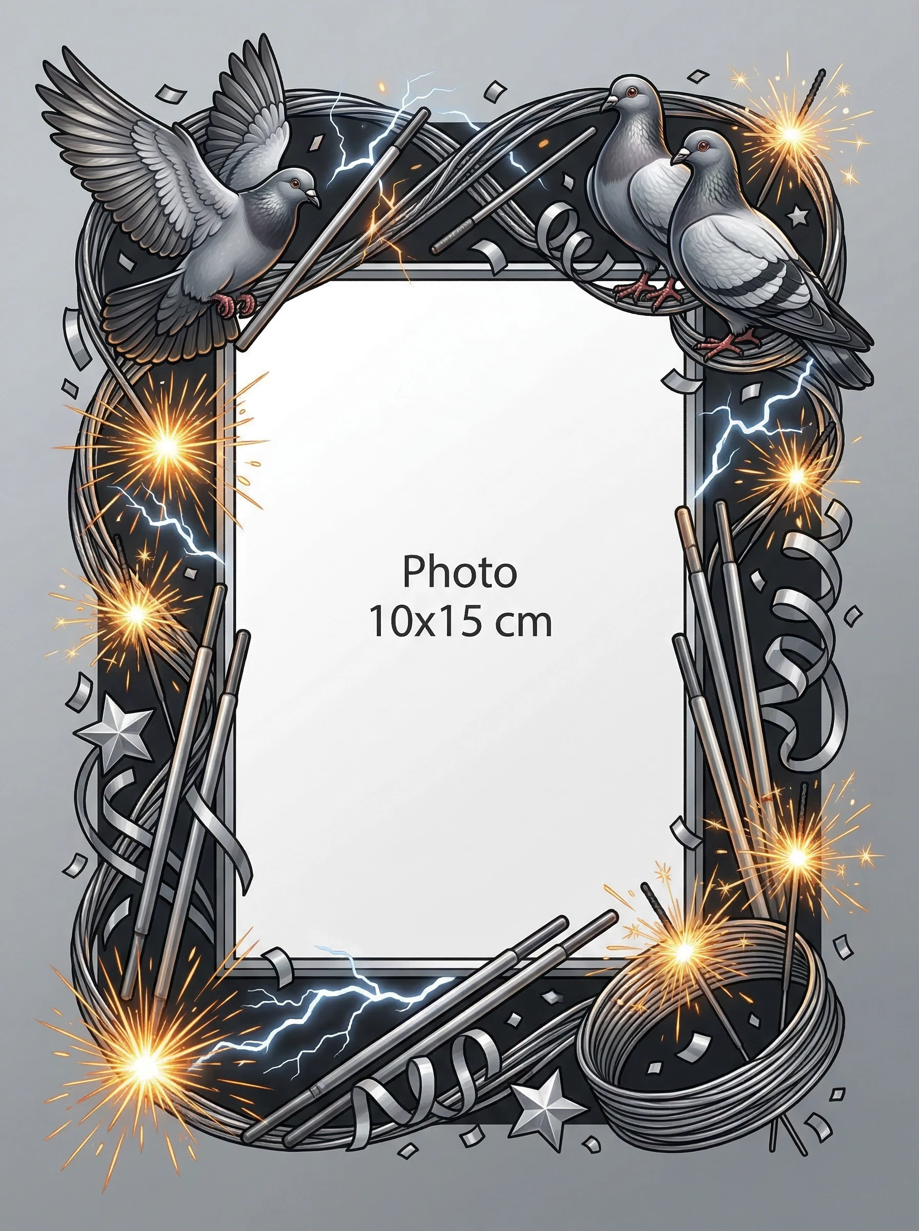 Create an A4 illustration with a decorative greeting frame that can accommodate a 10×15 cm photo in the center. Layout: * In the upper left corner: A Saxon Thurman pigeon with…