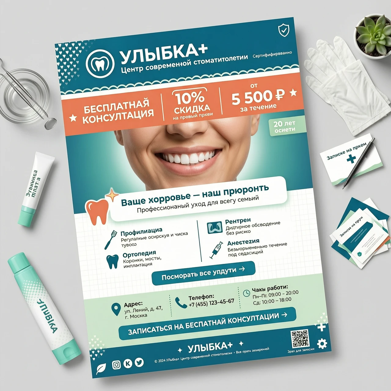 Листовка для рекламы стоматологии "Улыбка+ Центр современной стоматологии" Бесплатная консультация в день лечения 10% скидка на первый прием стоимость лечения от 5500…