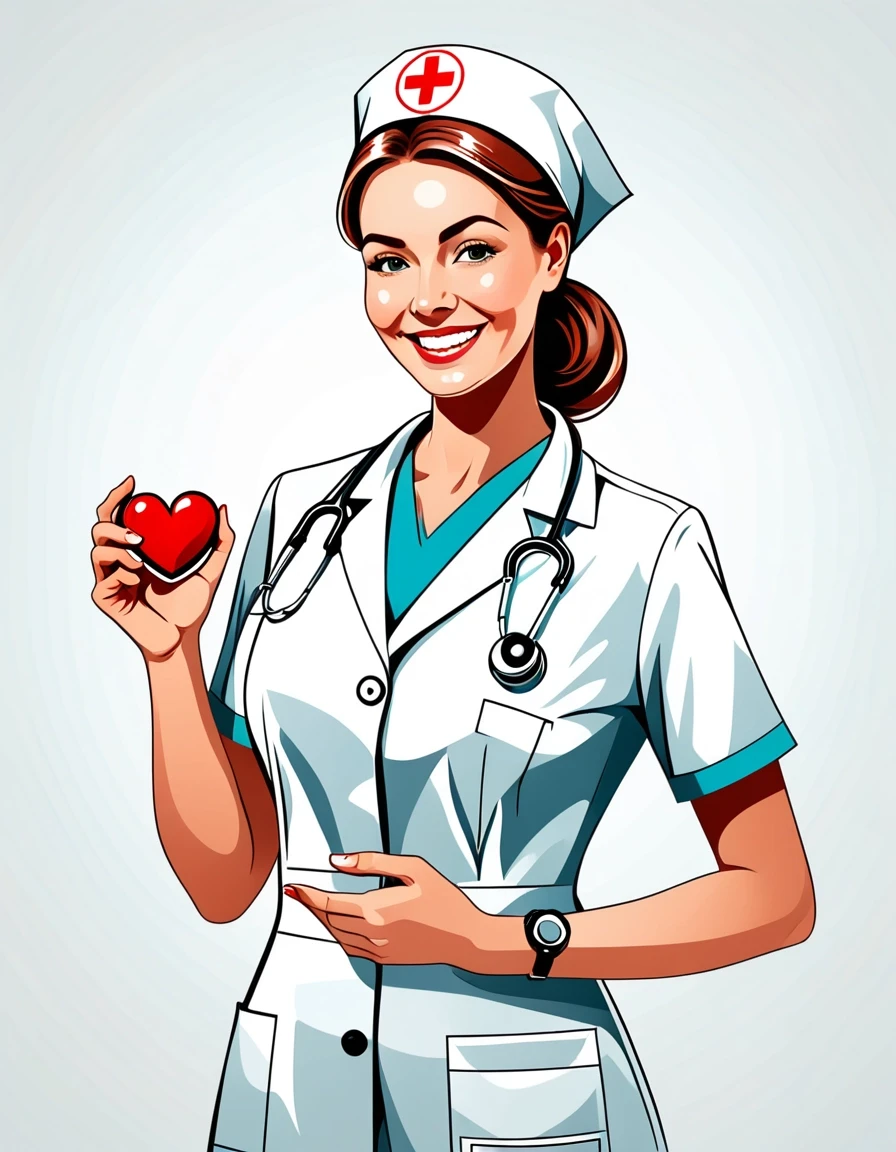 Professional vector graphics on a pristine white background. Nurse smiling, pressure measurement, heart health. — работа пользователя Радужный Чародей