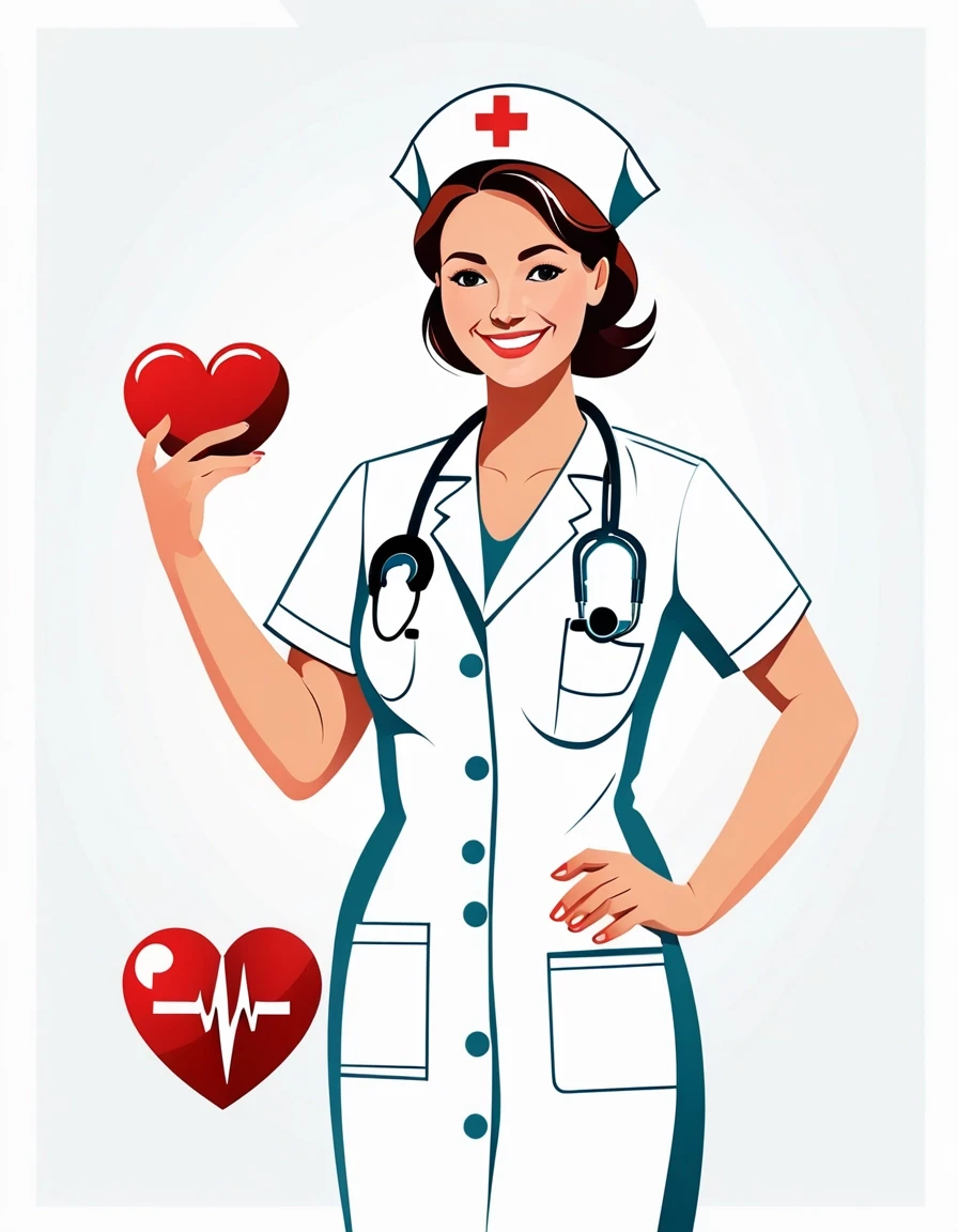 Professional vector graphics on a pristine white background. Nurse smiling, pressure measurement, heart health. — работа пользователя Радужный Чародей