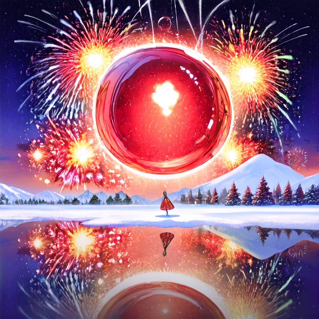 A hyperrealistic digital double exposure artwork for New Year's. Three distinct images are seamlessly blended: the detailed, reflective surface of a red glass bauble, a…