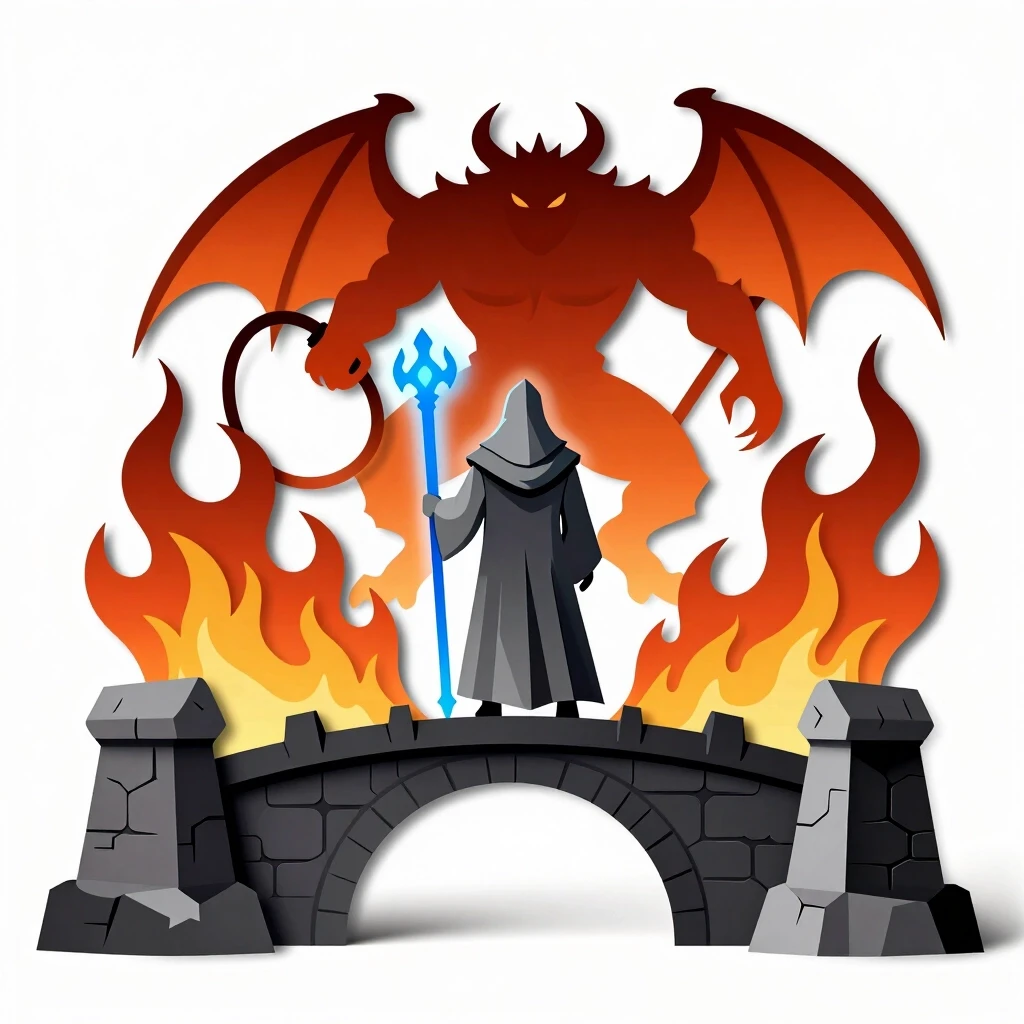 Lord of the Rings scene, Gandalf the Grey standing on Khazad-dum bridge with his back to the viewer, glowing blue staff, fiery Balrog with sword and whip in front, view from…