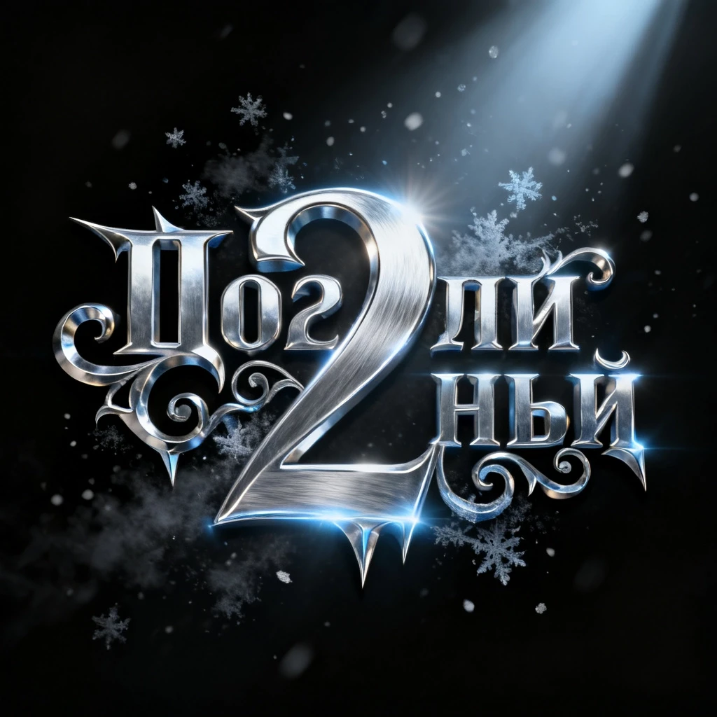Cinematic glowing silver steel title text in Russian: "2" with intricate gothic-inspired curlicues and sharp metallic filigree, cold silver figured letters with a…