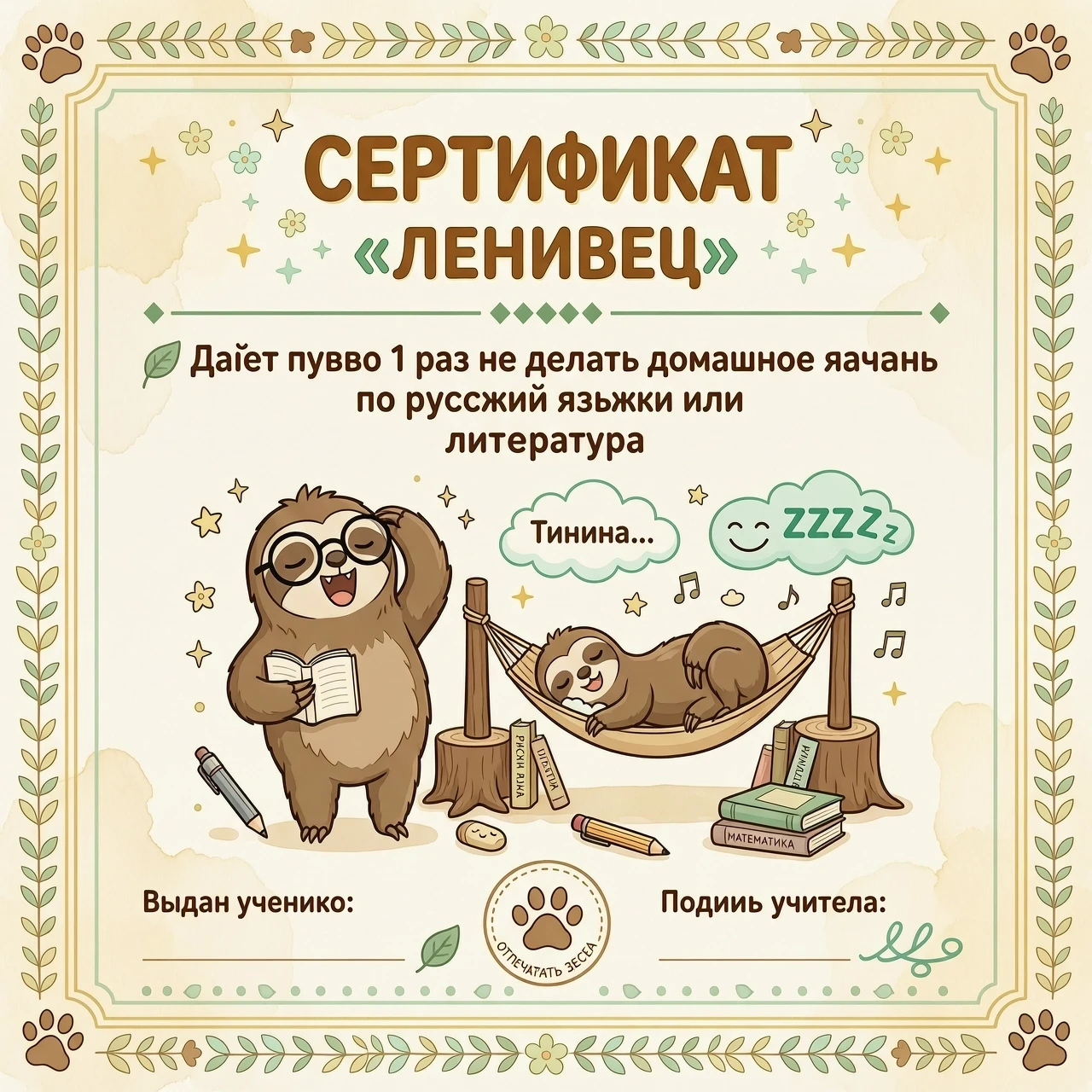 Горизонтальный подарочный сертификат в стиле школьной награды. Декоративная рамка из тёплых пастельных тонов: бежевый, мятный, светло-жёлтый. По центру сверху крупными буквами с…