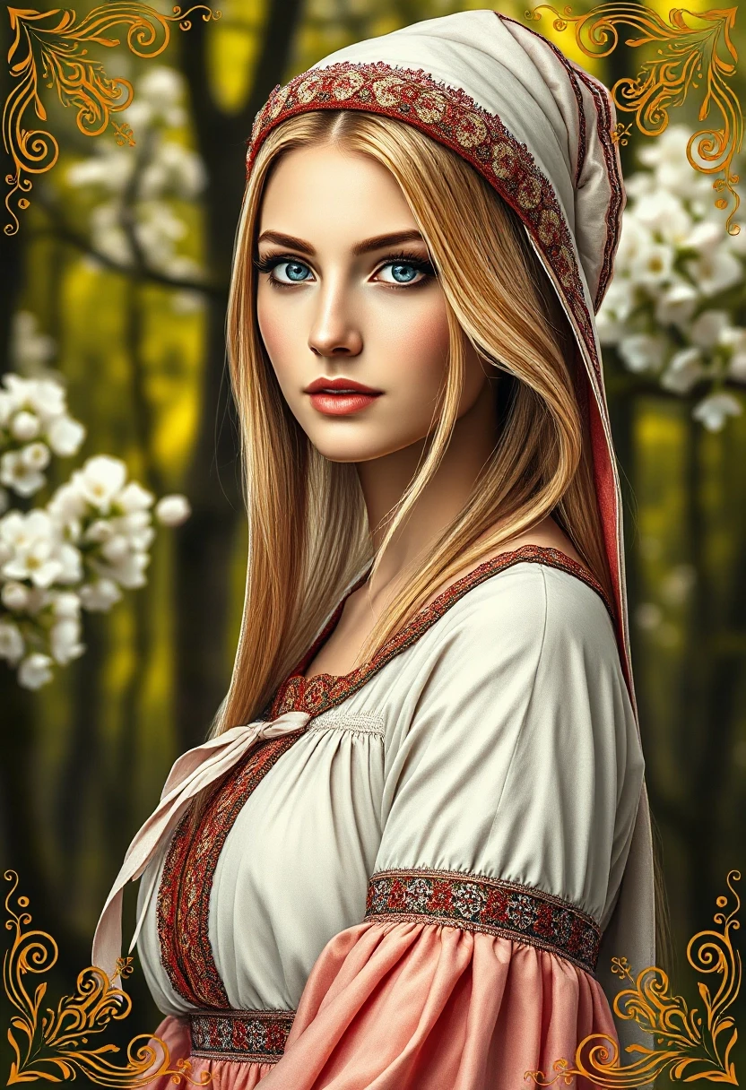 Russian Russians: A detailed portrait of a young woman of Slavic appearance from the 16th century in a traditional long Russian sundress and a traditional Russian cocoanut…