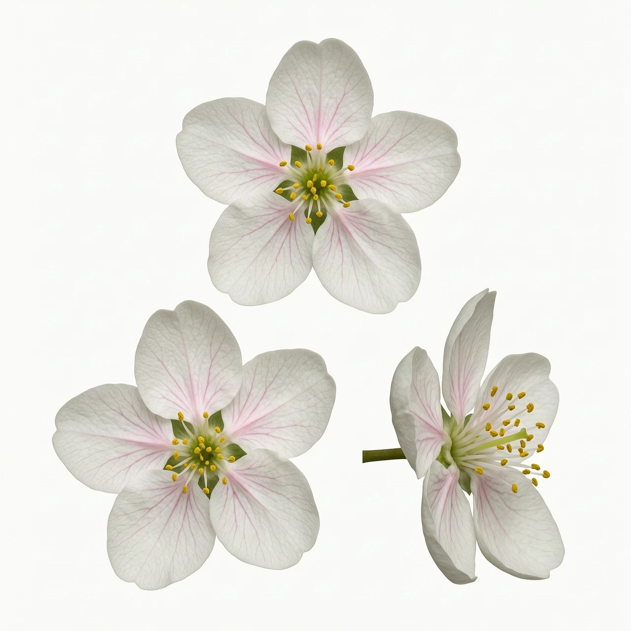 Realistic apple blossom flower, white petals with subtle pink veins, yellow stamens, 3 different variations of the flower from different angles (top view, slightly tilted view,…
