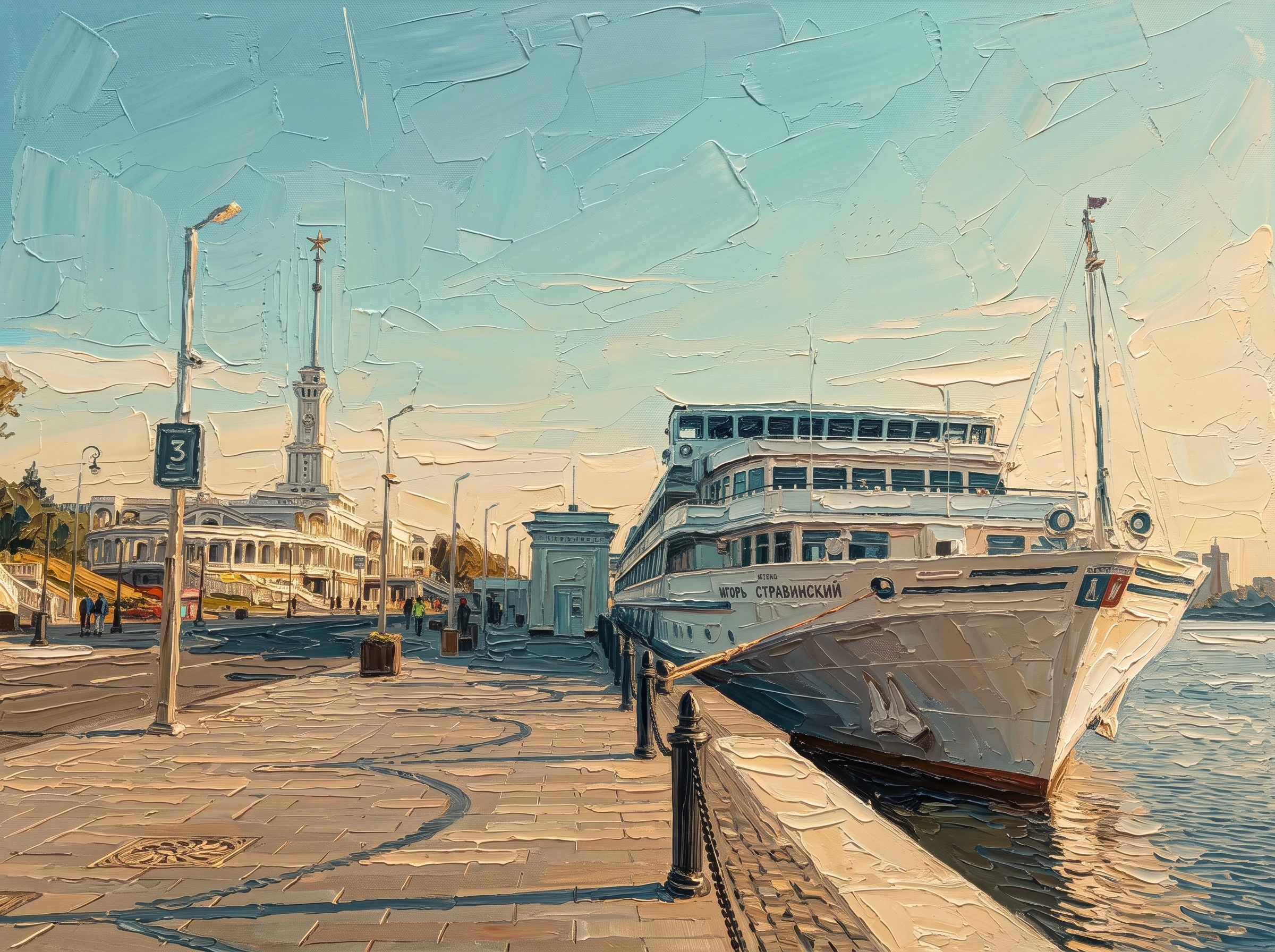 Redraw majestic A wide-angle, cinematic landscape a serene riverfront scene at golden hour, centered on a large, elegant white passenger cruise ship docked at a stone quay. The…