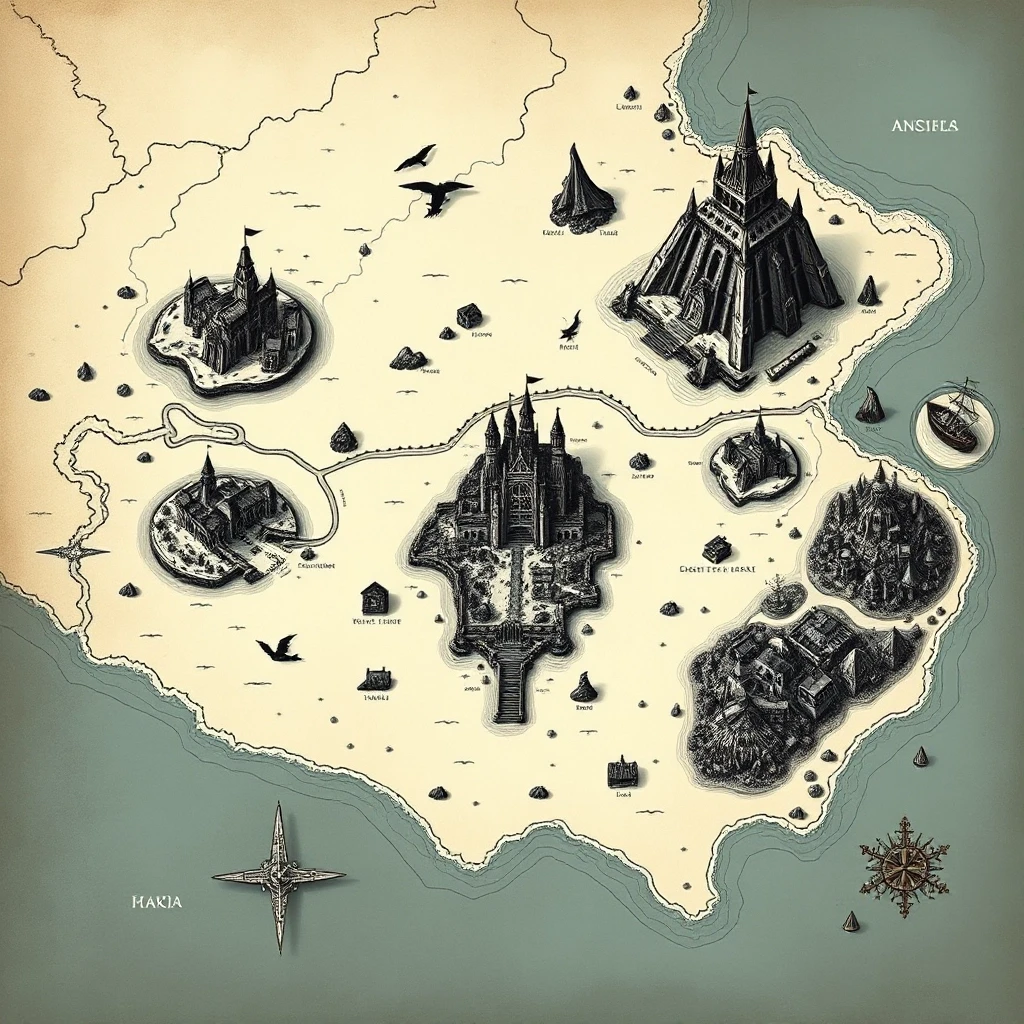 2D top-down authentic gritty dark fantasy large-scale strategic nautical map, high-detail medieval woodcut style, inspired by Tainted Grail: Fall of Avalon. Pure white…
