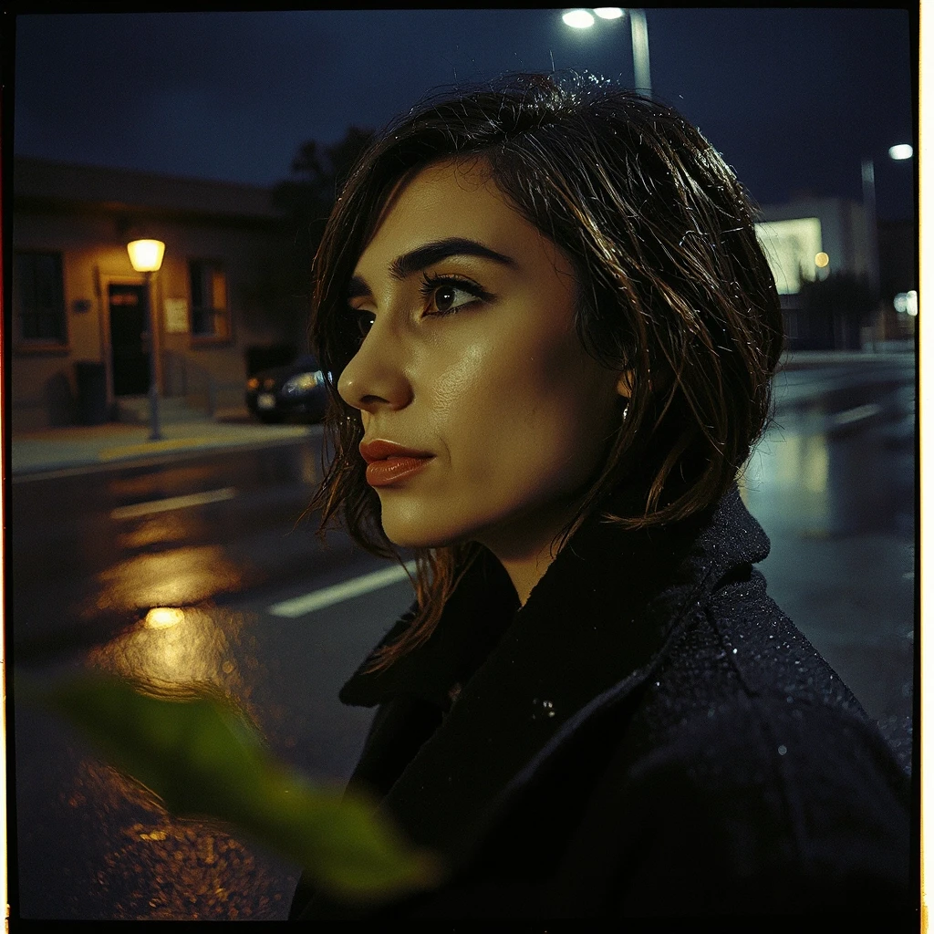 Analog-film night portrait, 35mm grain. The attached photo is the identity reference: keep the same face, age, skin tone, hairstyle and hair length. Strict side profile, medium…