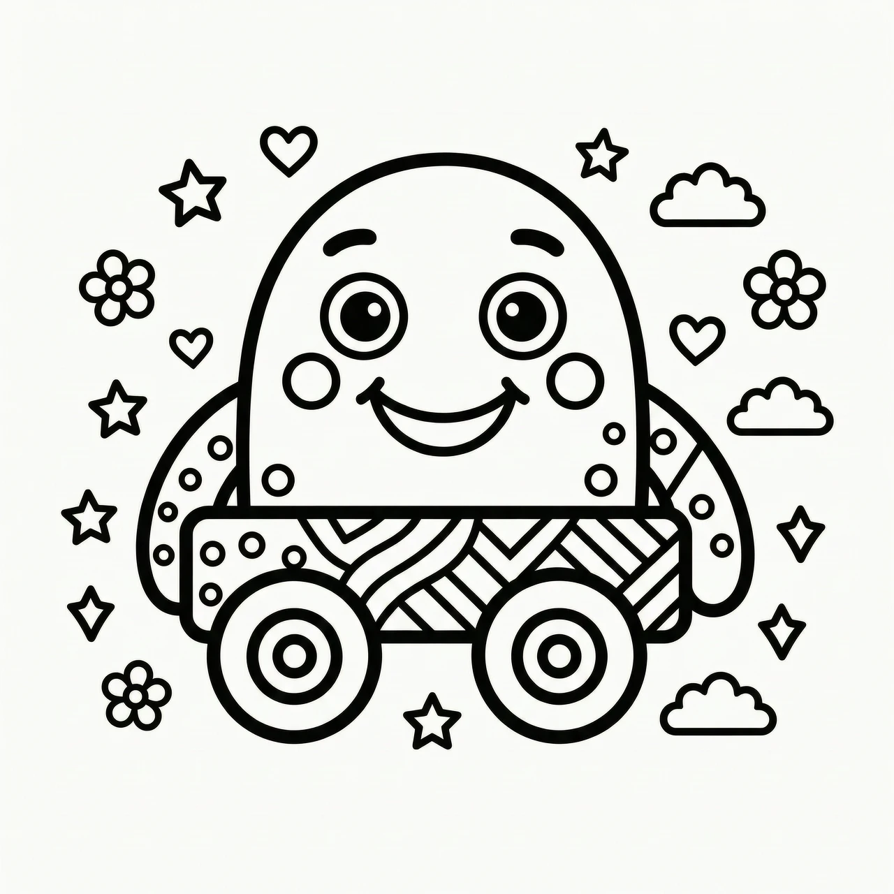 Minimalist coloring book page for kids, clean black line art, bold continuous outlines, [название объекта], simple geometric shapes, cartoon style, high contrast black and…